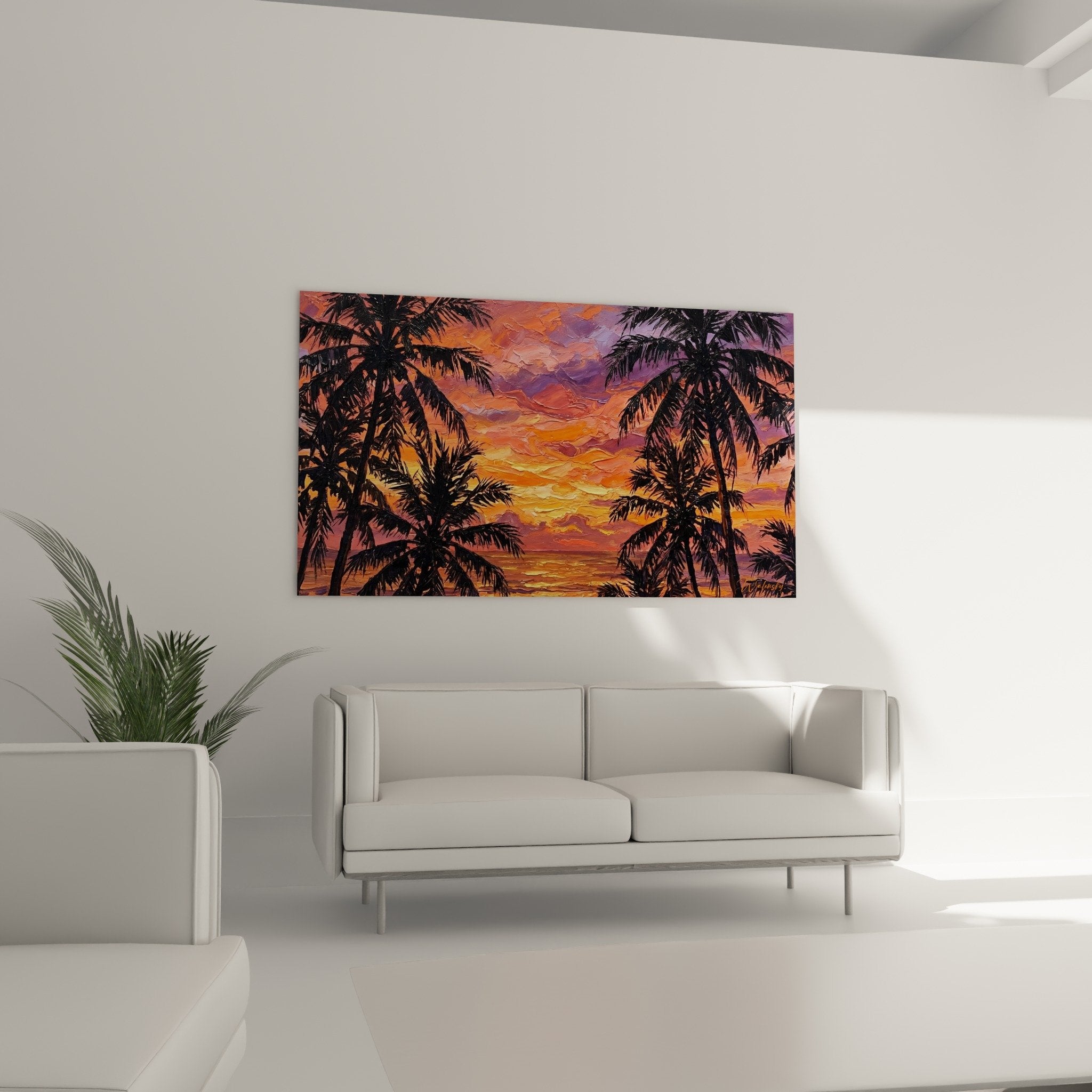 Détail tableau tropical empâtements orange violet texture peinture coucher soleil palmiers technique picturale