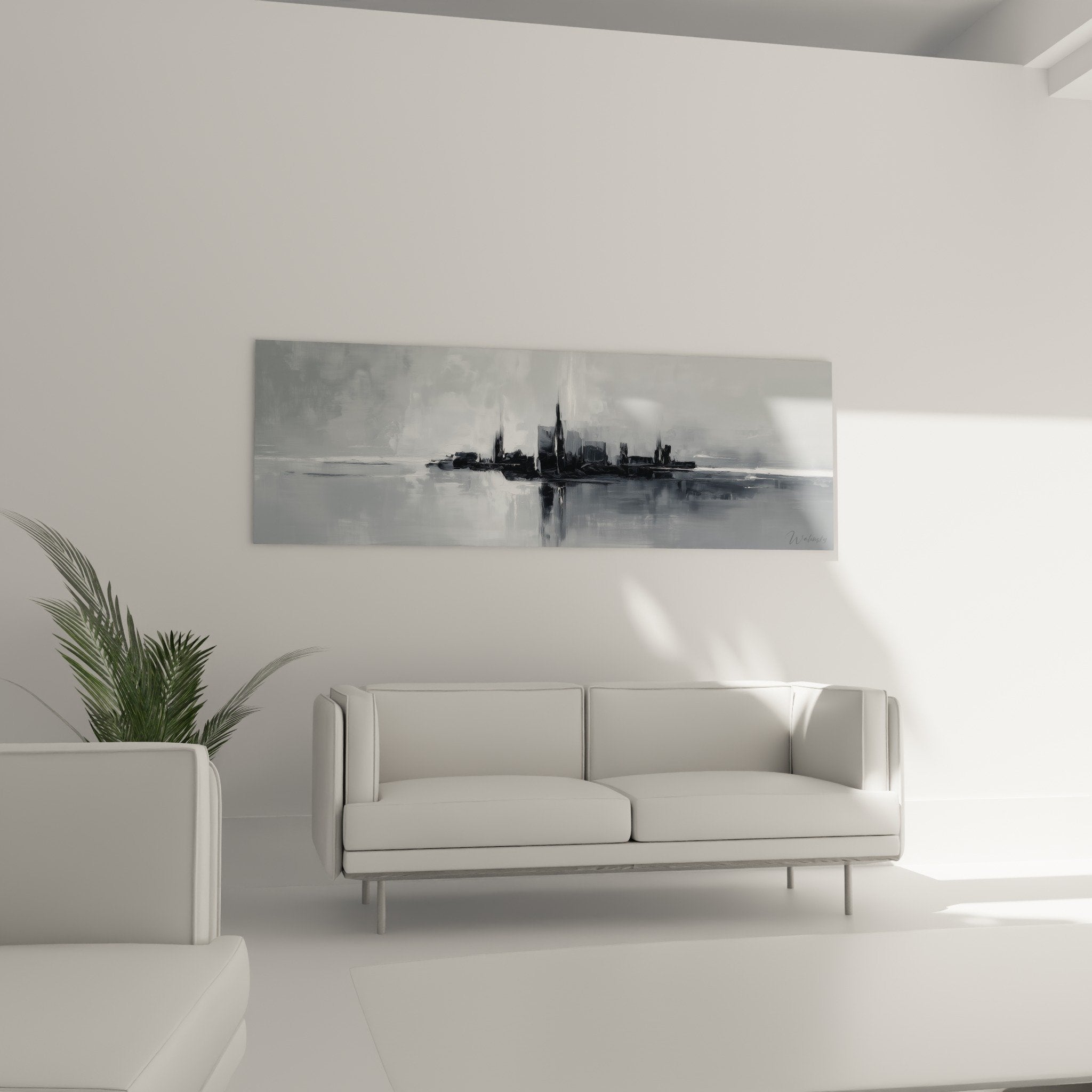 urban landscape painting detail gray white nuances blurred technique feng shui west metal wall art