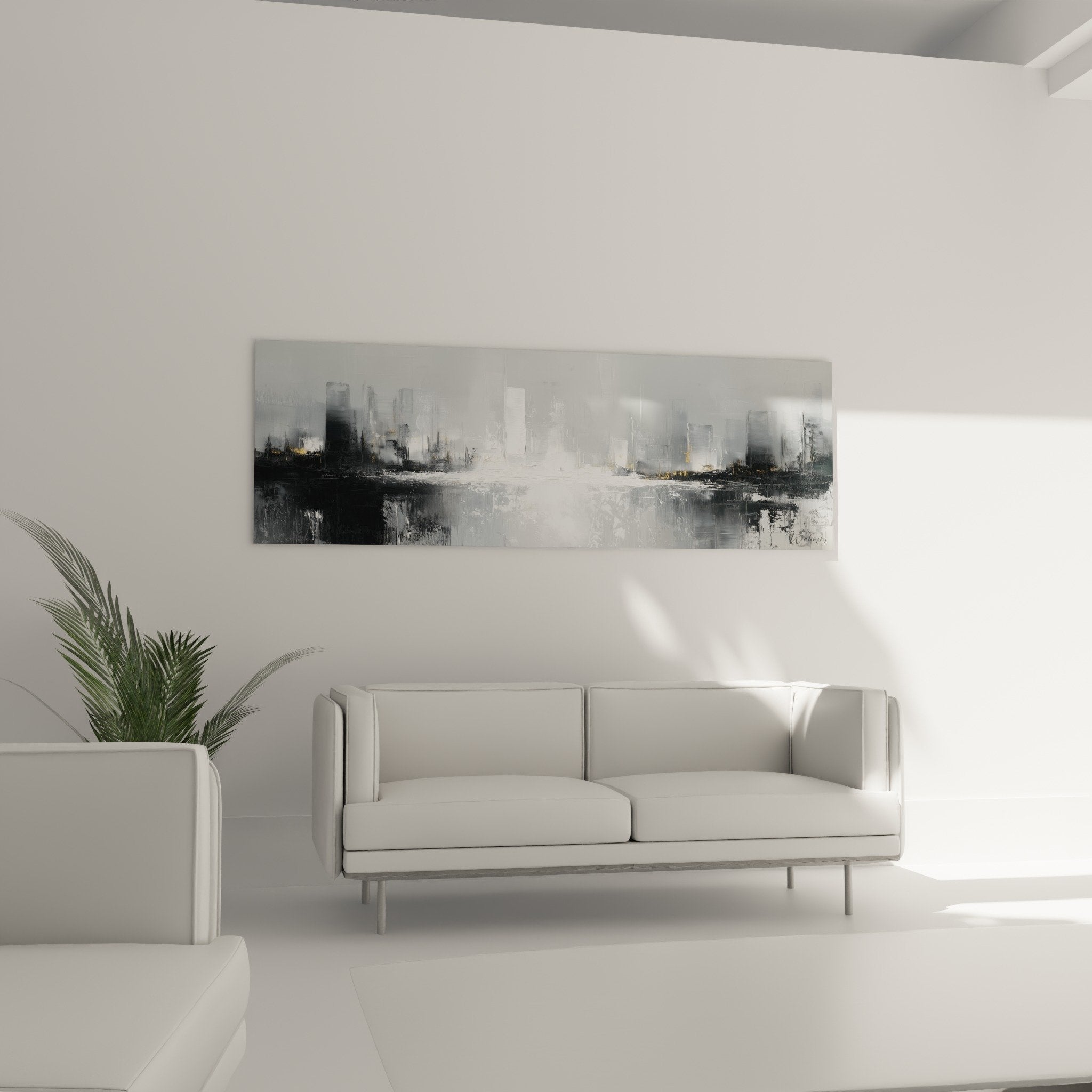 Détail tableau paysage urbain tons gris reflets aquatiques technique pinceau feng shui ouest métal