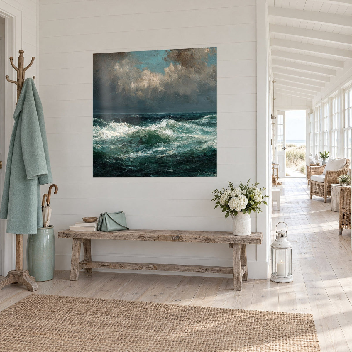 Wall art ocean storm in thick oil paint, emerald green waves and grey sky, three-quarter view in a seaside house hallway