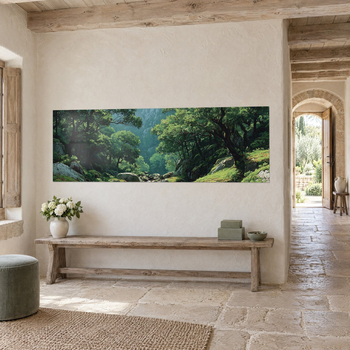 Tableau sous-bois de chênes tortueux, émeraude et turquoise, mousse sur rochers, au-dessus d'un banc rustique en pierre