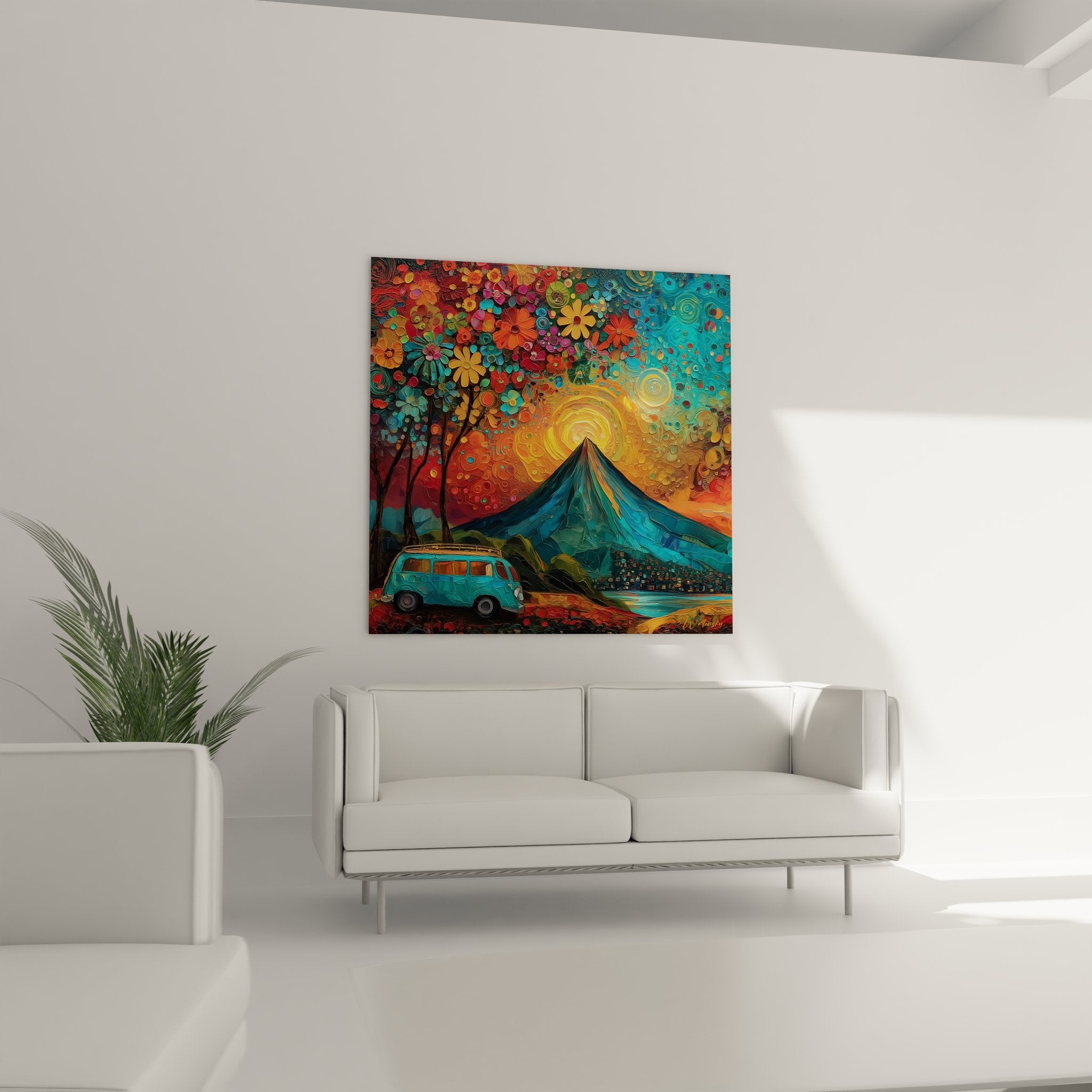 Détail tableau van rétro volcan motifs floraux circulaires couleurs vives psychédélique