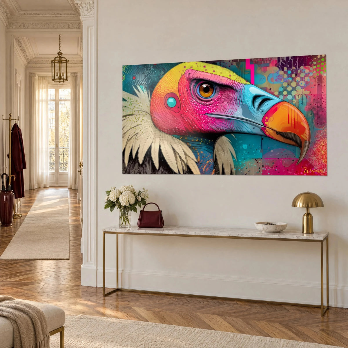 Wall art psychedelic raptor with lemon-yellow skull and sky-blue beak, amber eye, three-quarter view above a gilded console table