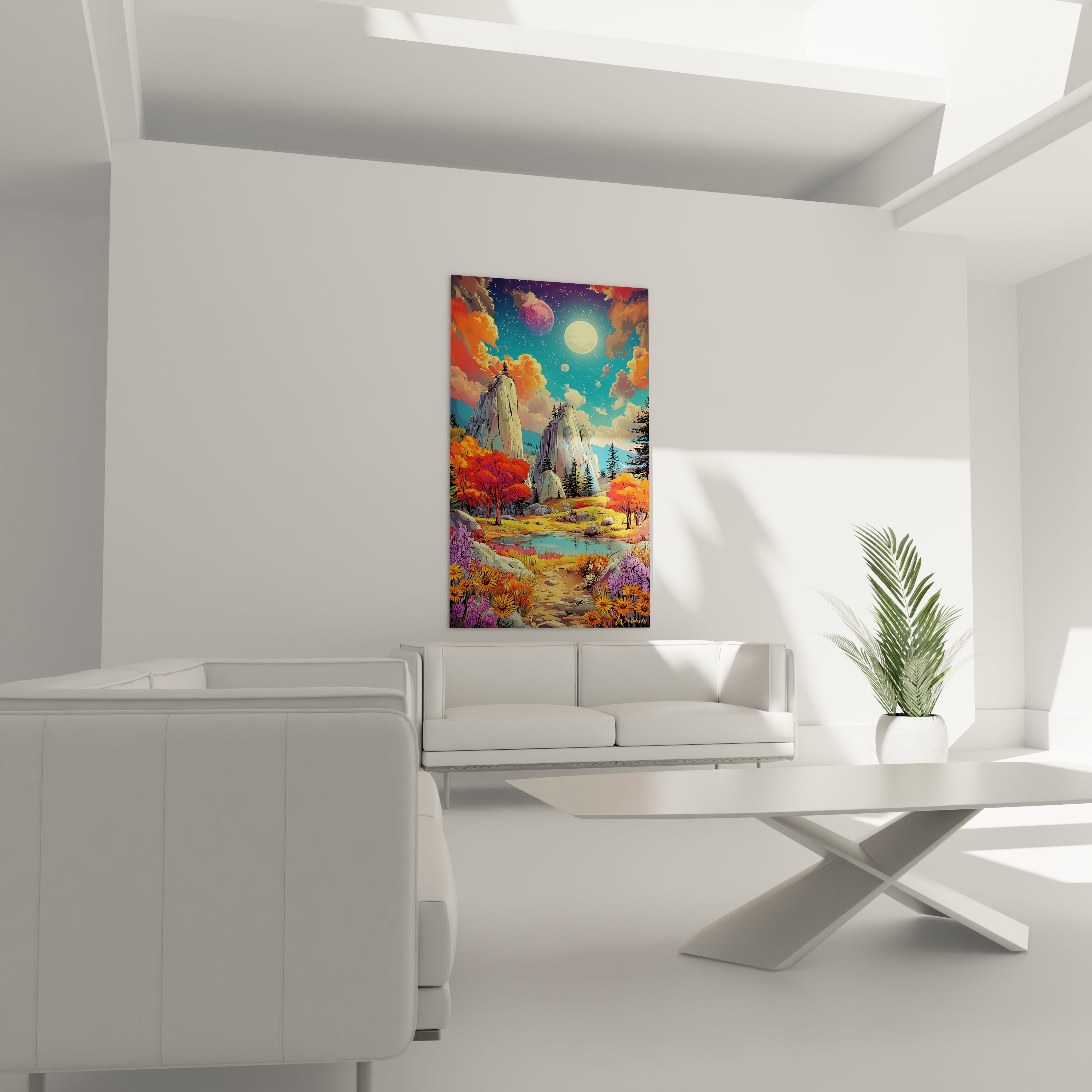Détail tableau bande dessinée paysage fantastique végétation orangée et montagnes stylisées