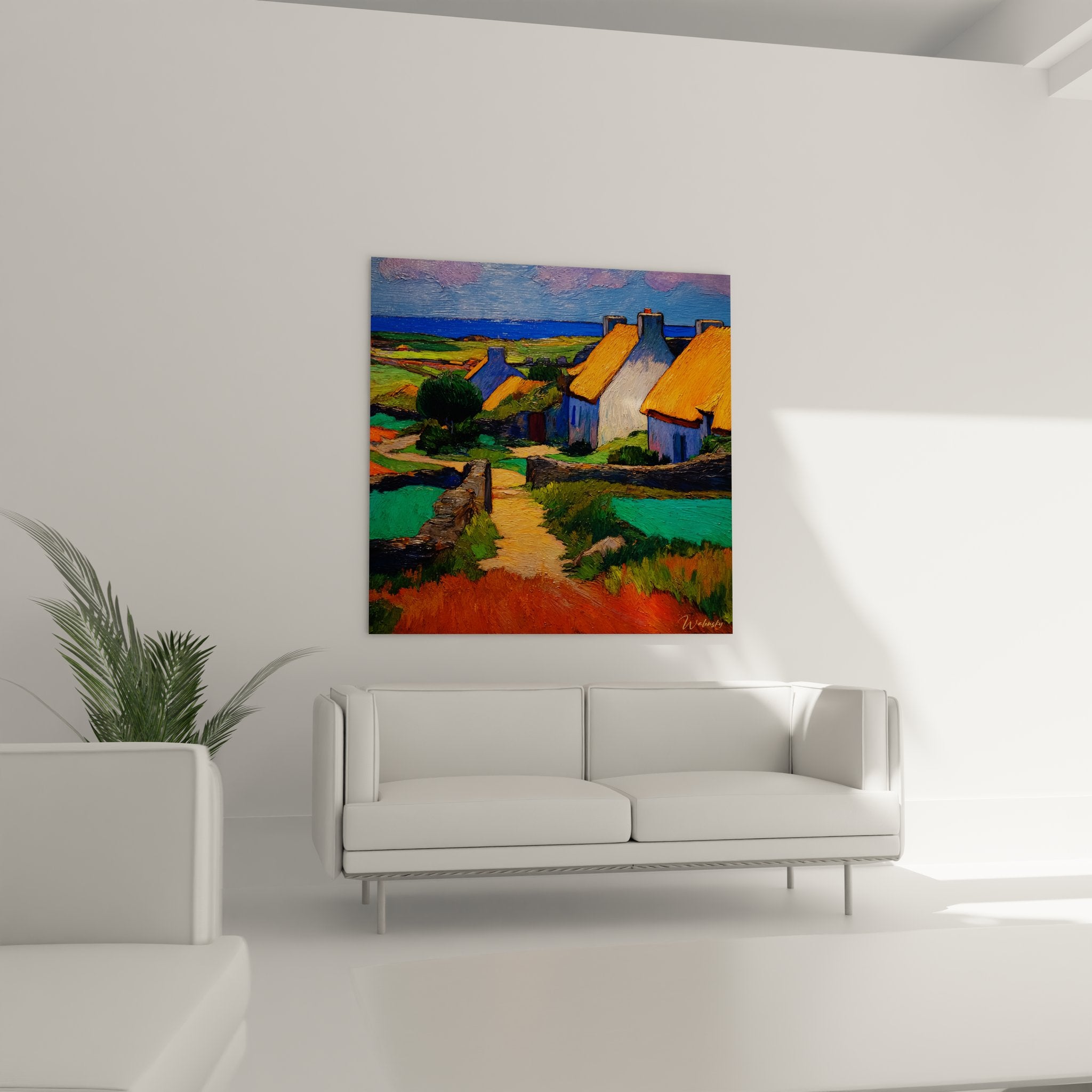 Détail tableau peinture village côtier technique picturale maisons bleues toits orange campagne