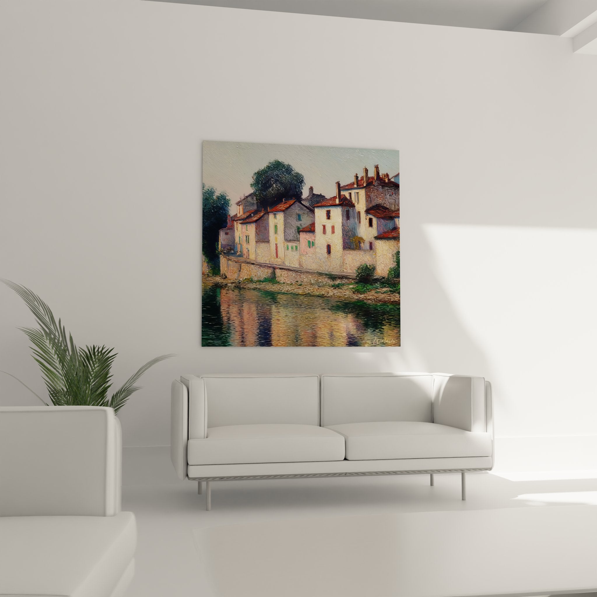 Détail tableau paysage village - technique picturale maisons colorées reflets aquatiques