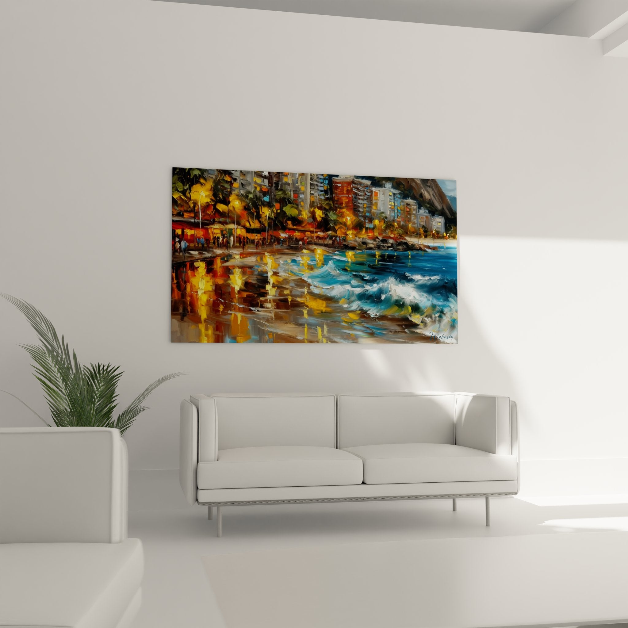 Détail tableau ville côtière montrant technique peinture reflets lumineux