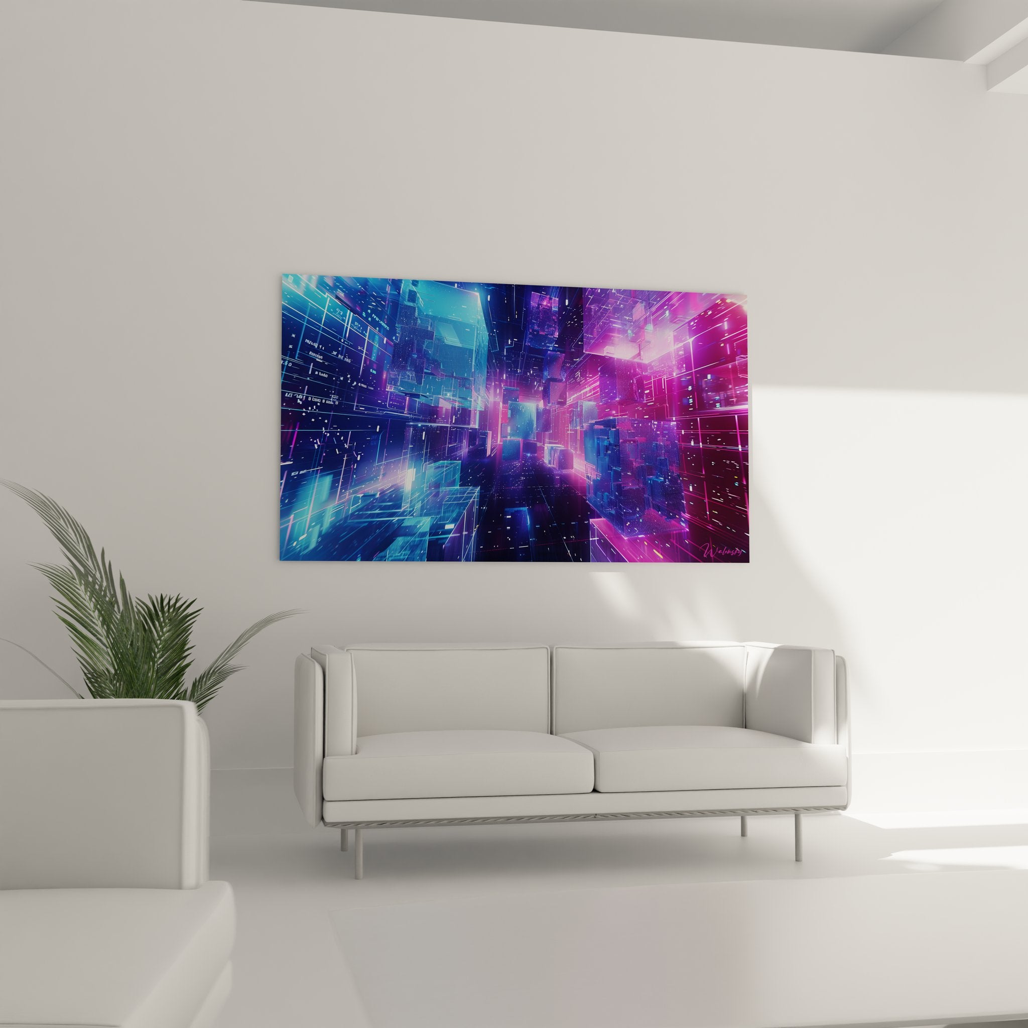 Détail gros plan tableau ville futuriste effets lumières néon textures cyberpunk art abstrait