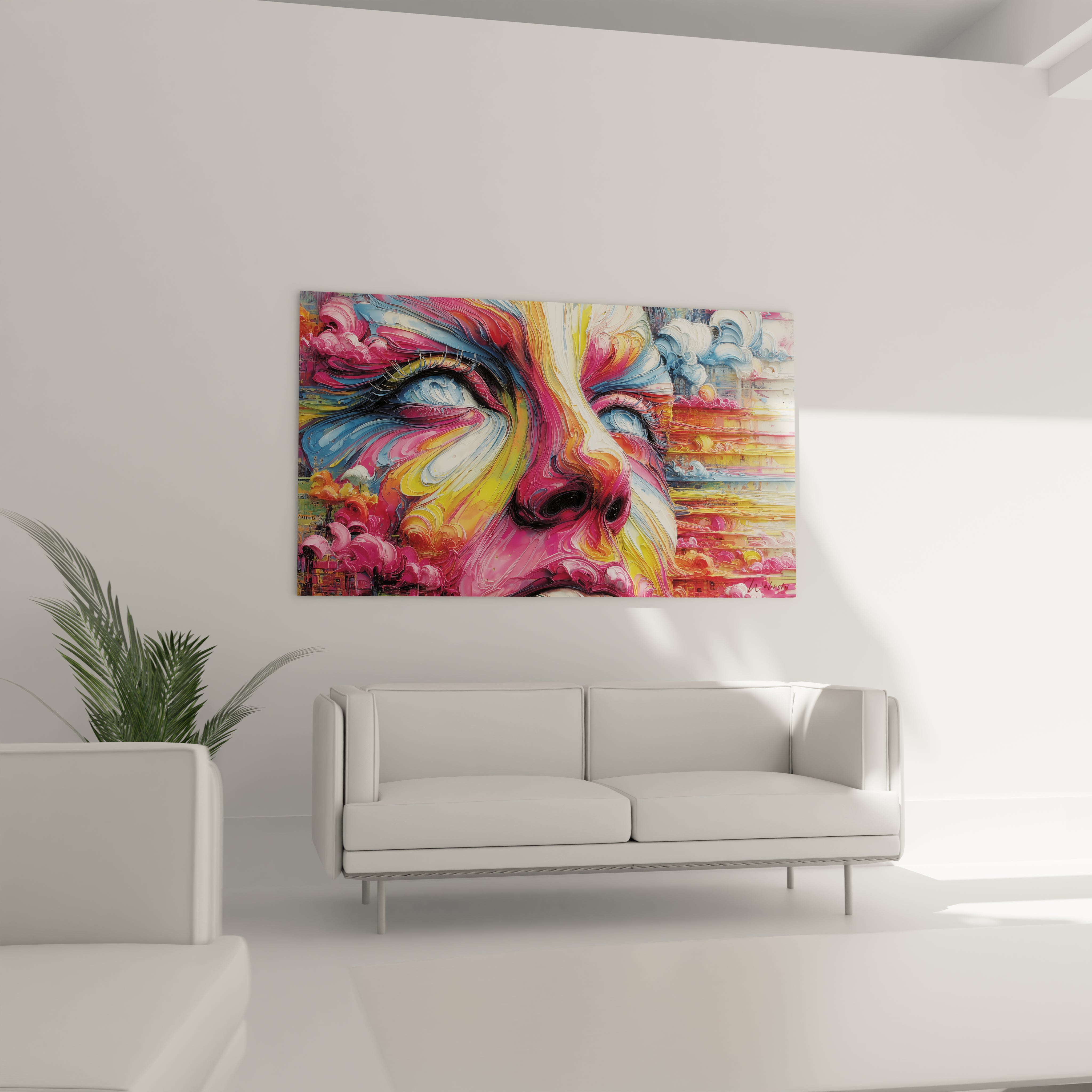Gros plan détail tableau portrait féminin abstrait couleurs éclatantes technique moderne
