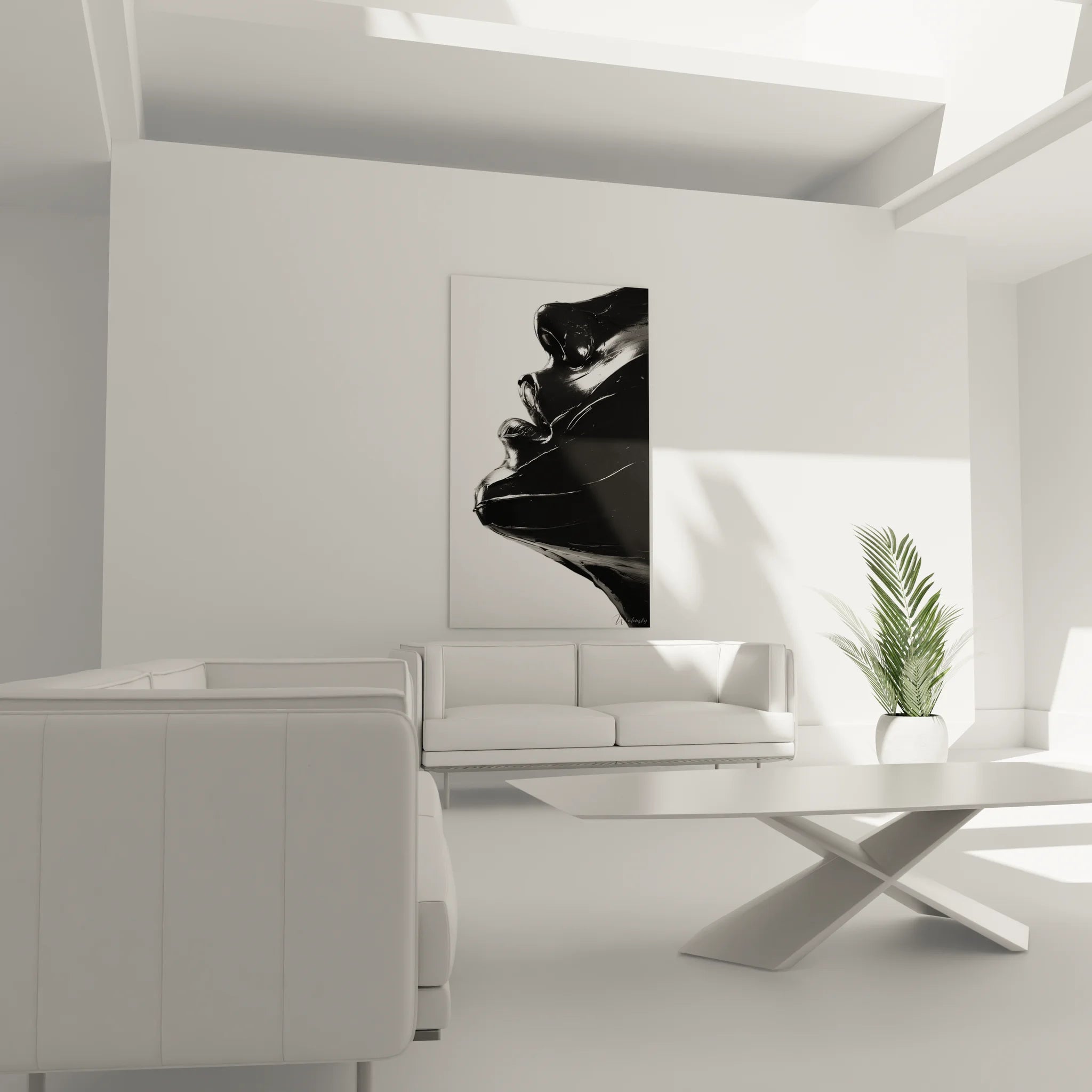 Détail gros plan tableau visage féminin abstrait montrant textures et nuances noir blanc