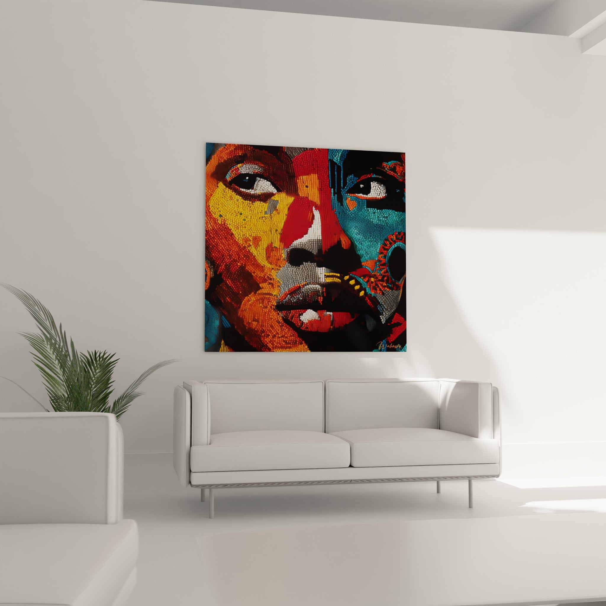 Détail gros plan tableau visage africain technique mosaïque couleurs vibrantes