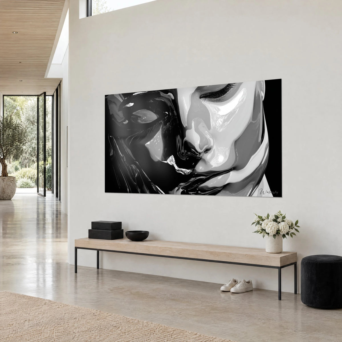 Wall art female portrait in liquid mirror, silvery reflections on black background, three-quarter view in a wood-paneled lounge