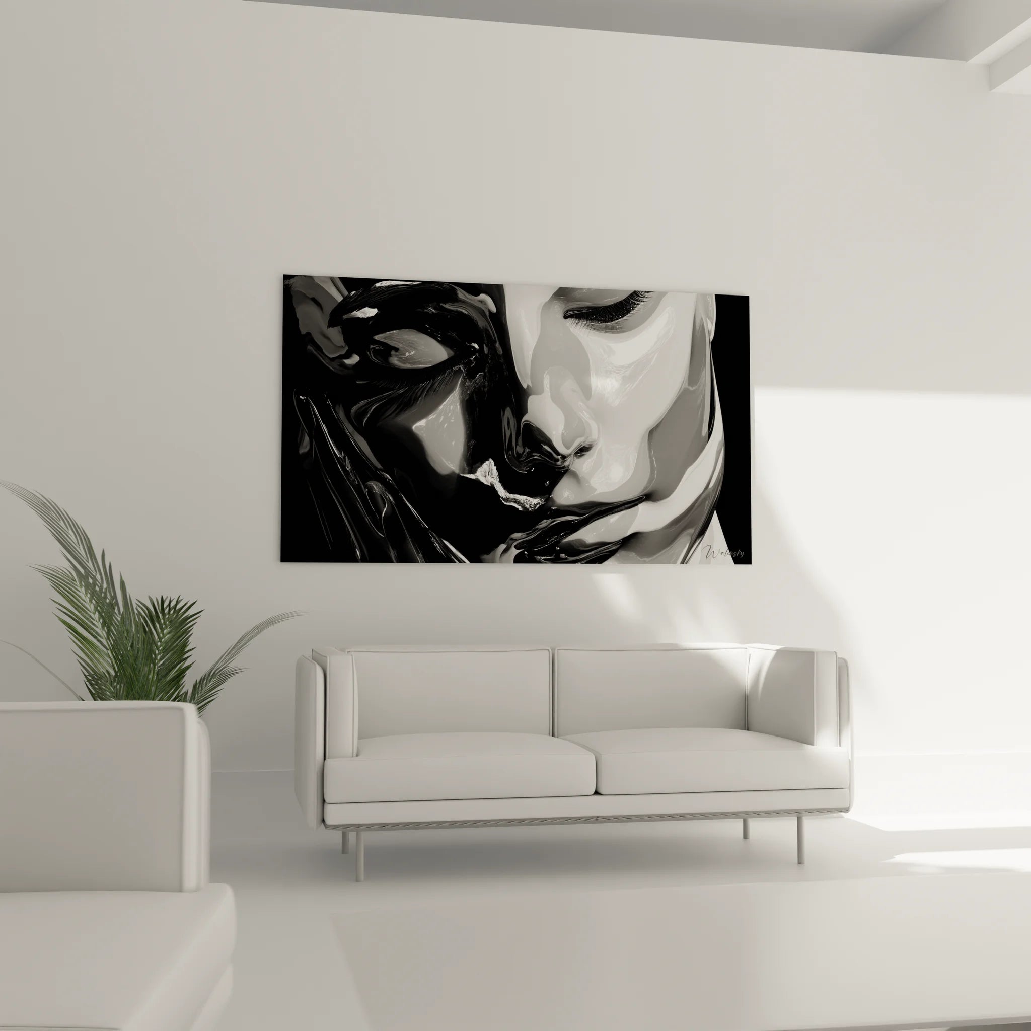 Détail tableau visage féminin noir blanc yeux expressifs art hyperréaliste