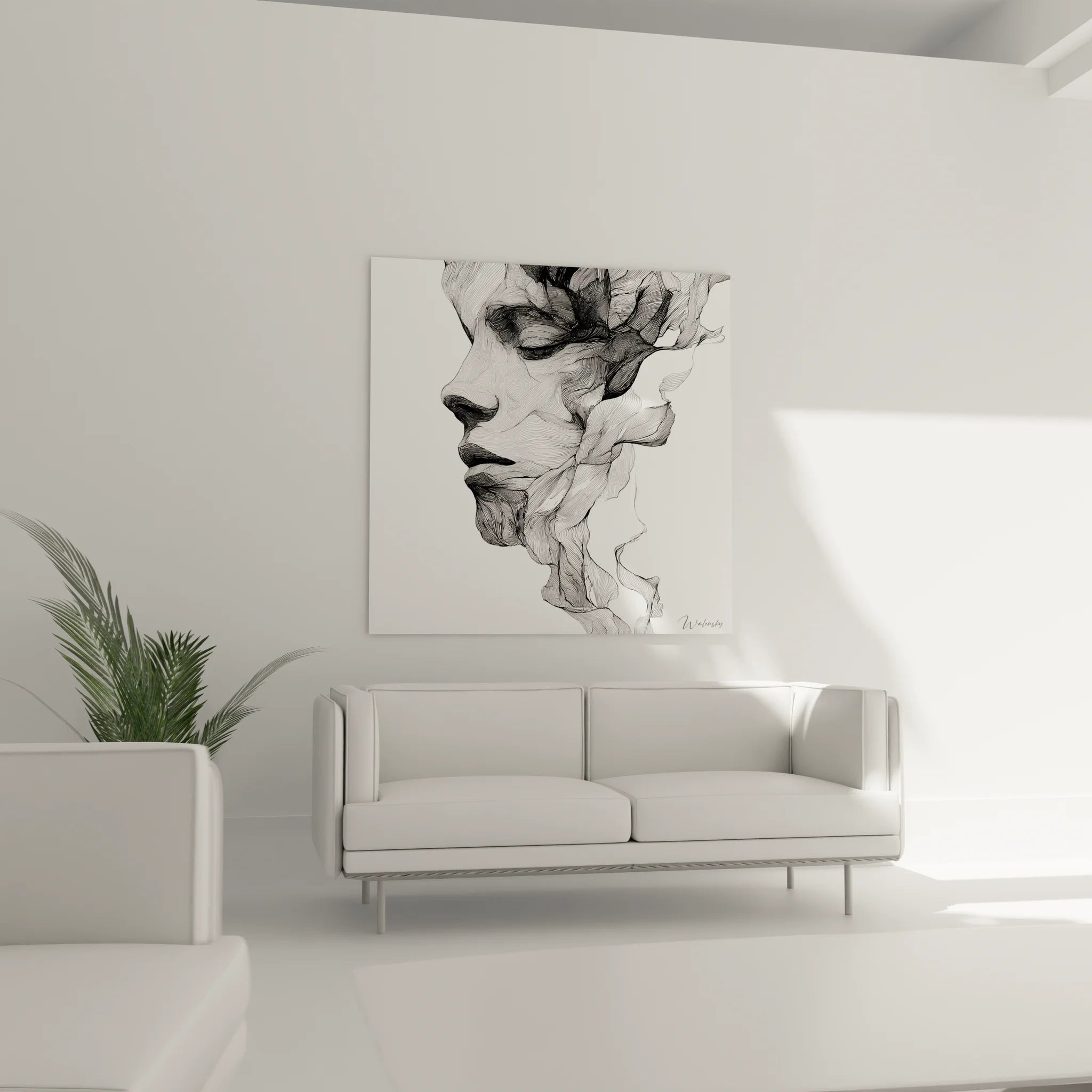 Détail gros plan tableau visage fragmenté, technique crayon noir et traits organiques délicats