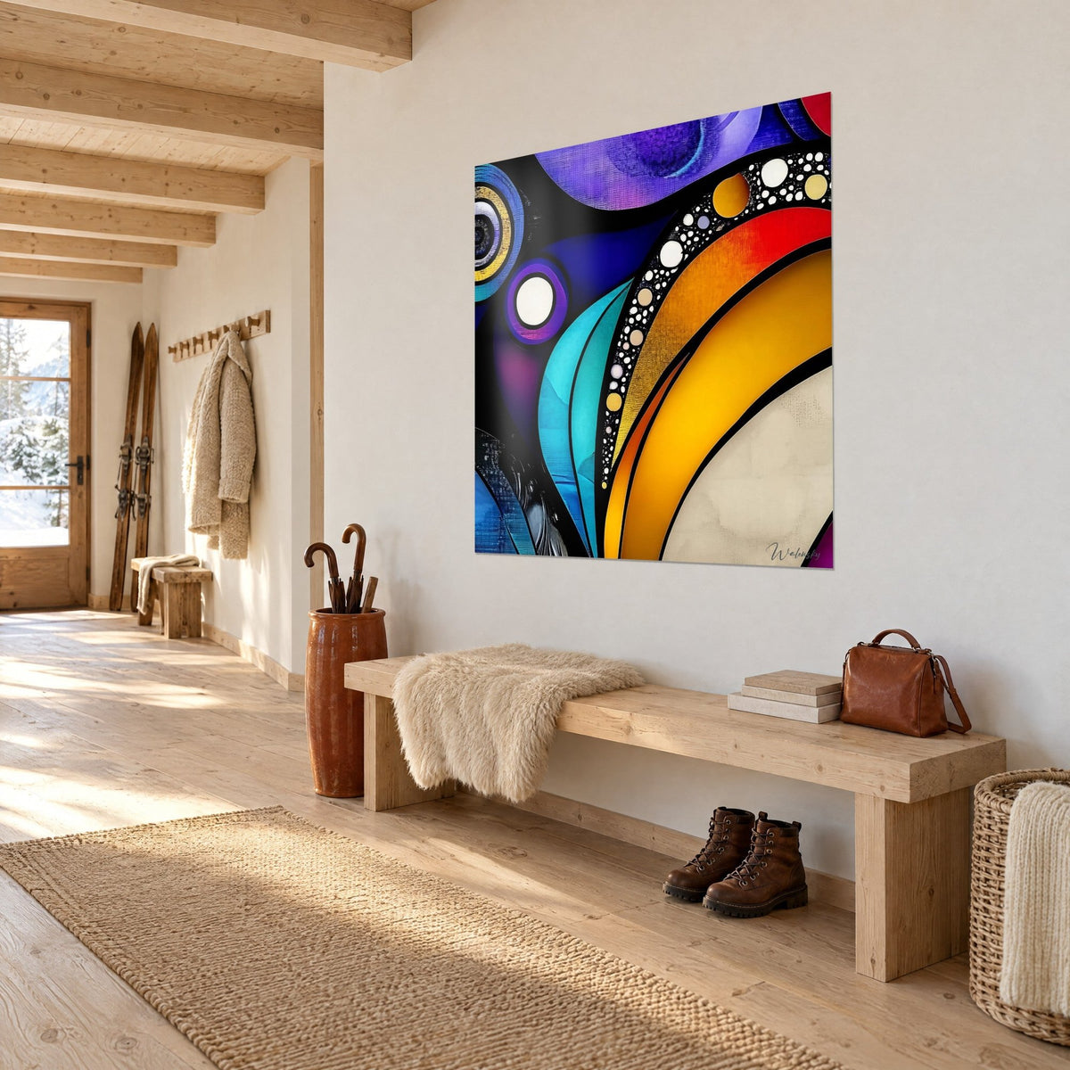 Wall art stained-glass composition with turquoise, red and ochre curves outlined in black, hung in the entrance of a chalet