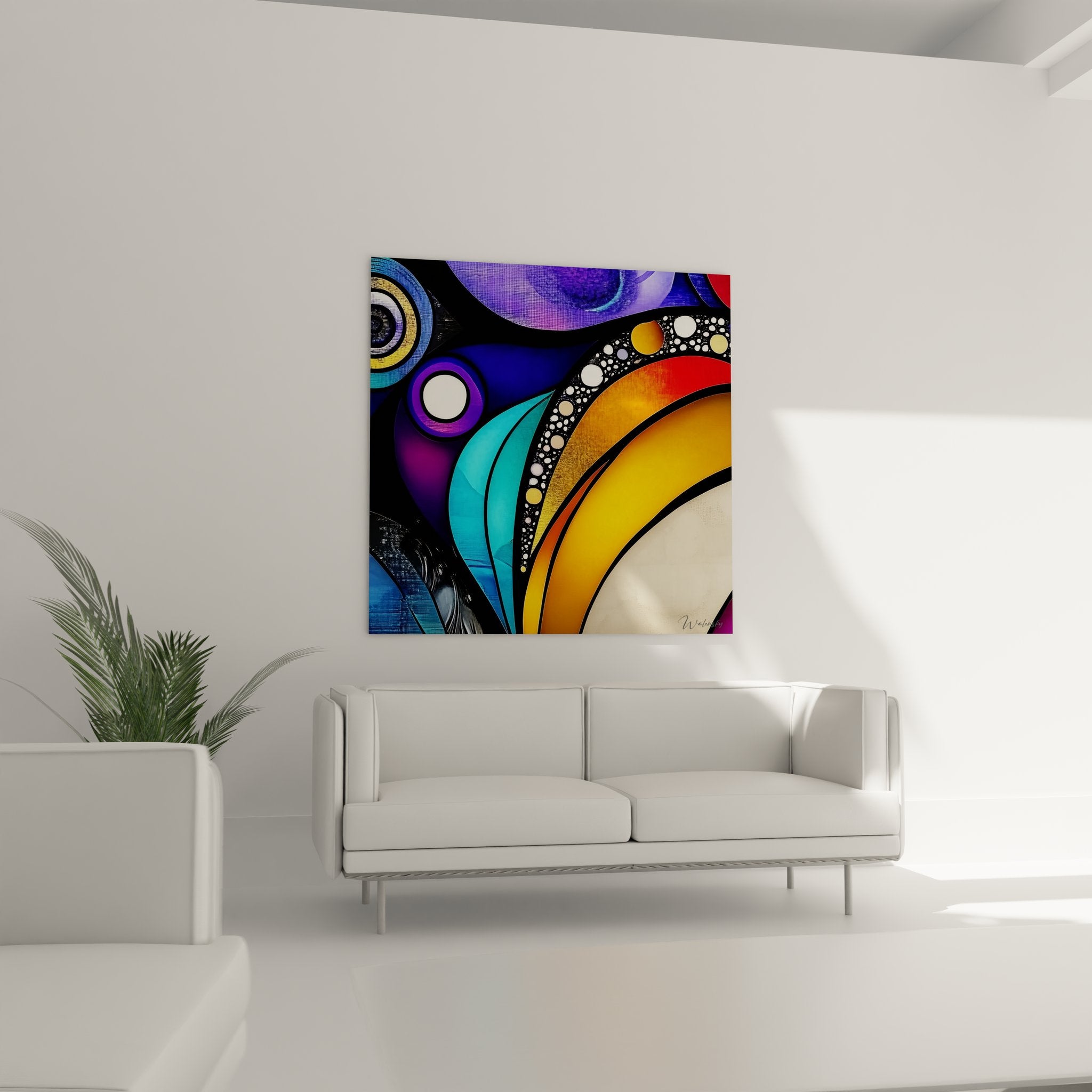 Détail gros plan tableau vitraux montrant textures colorées et motifs géométriques abstraits