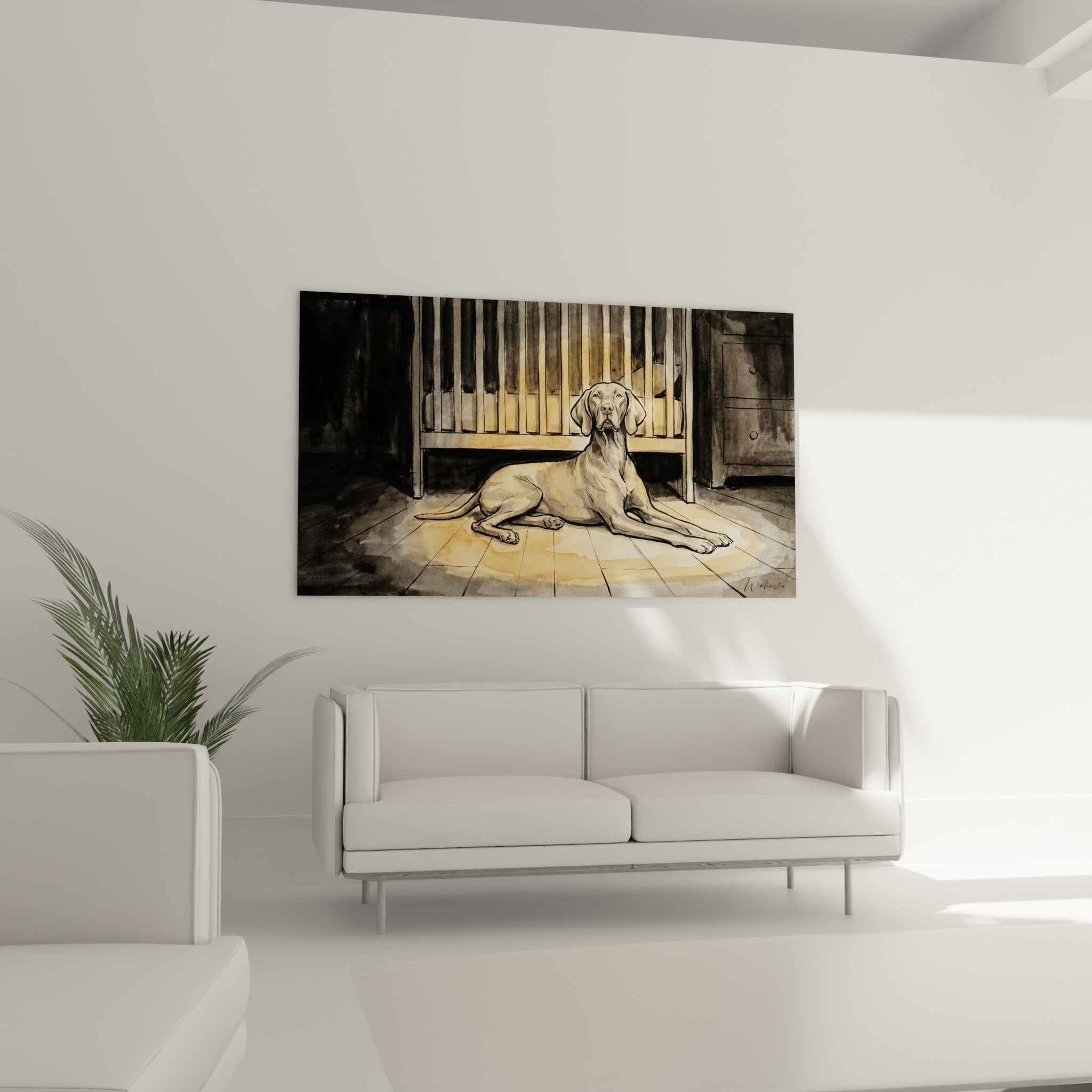 Détail rapproché du tableau montrant l'expression touchante et le regard contemplatif du Vizsla