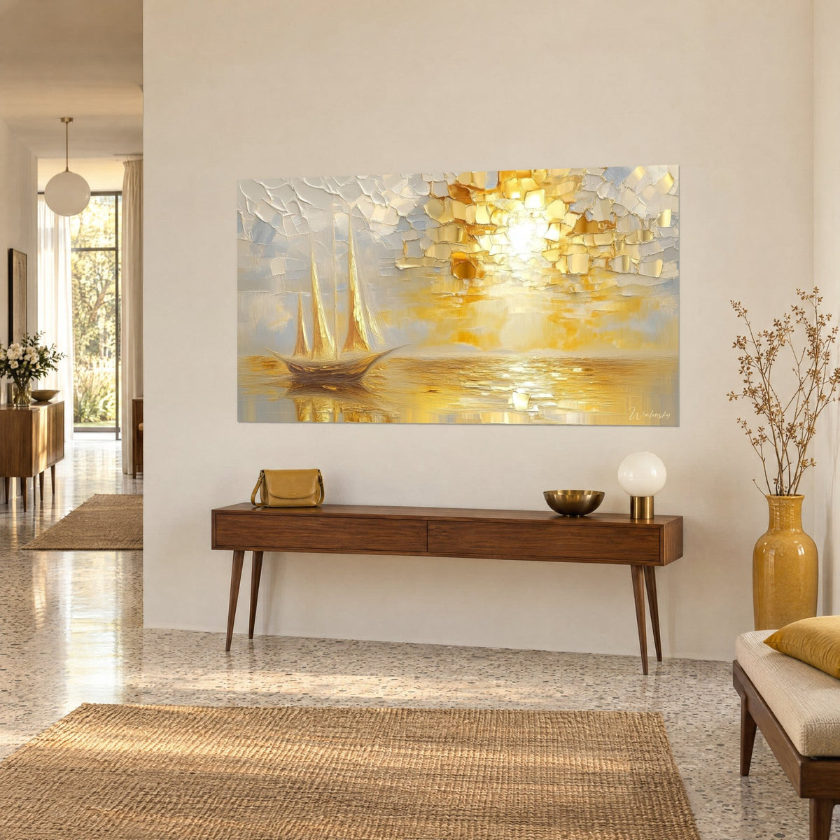 Wall art golden schooner gliding over the water, dazzling sun in ivory and gold paint strokes, on a wooden console in an entryway