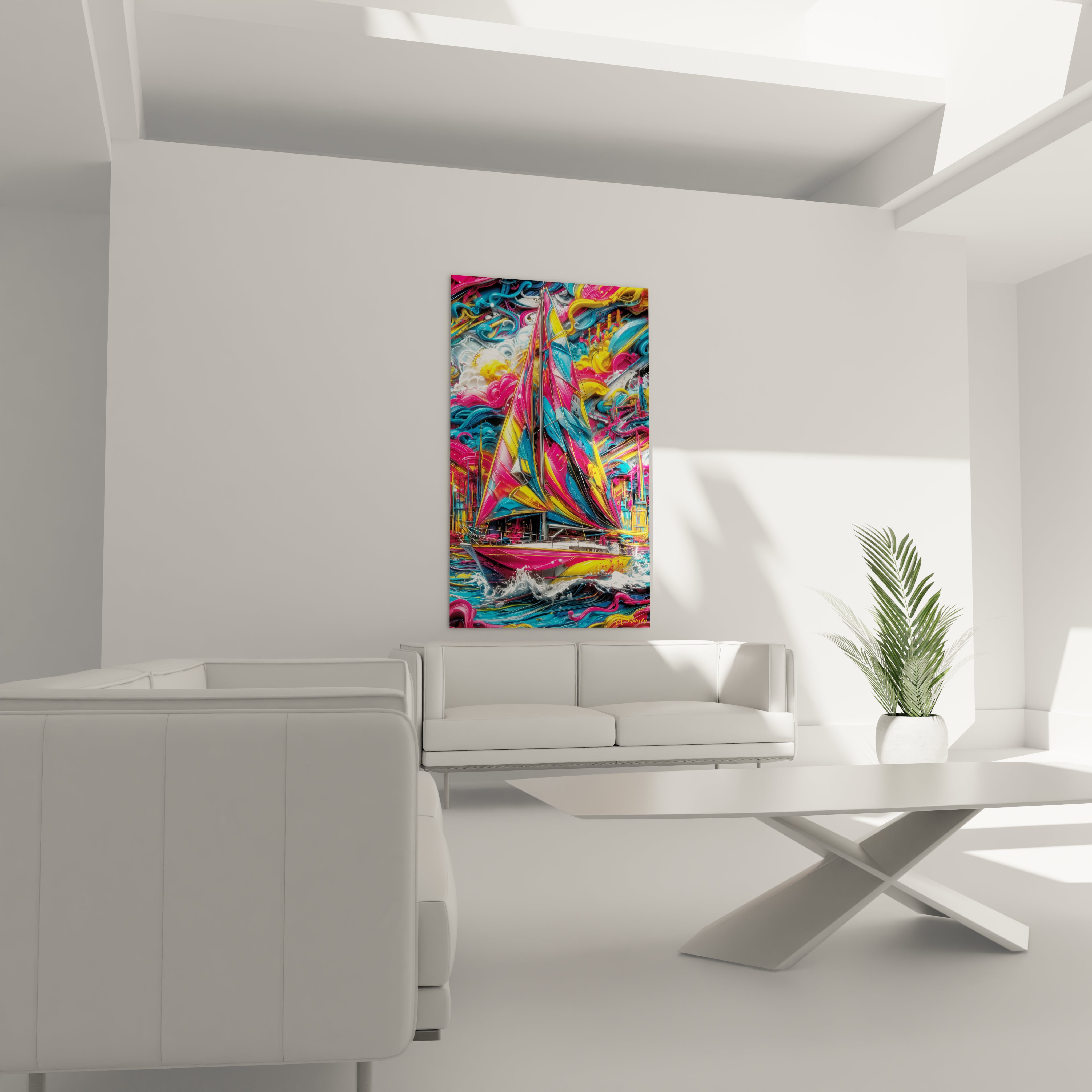 Détail rapproché tableau voilier montrant textures colorées et effets de peinture abstraite