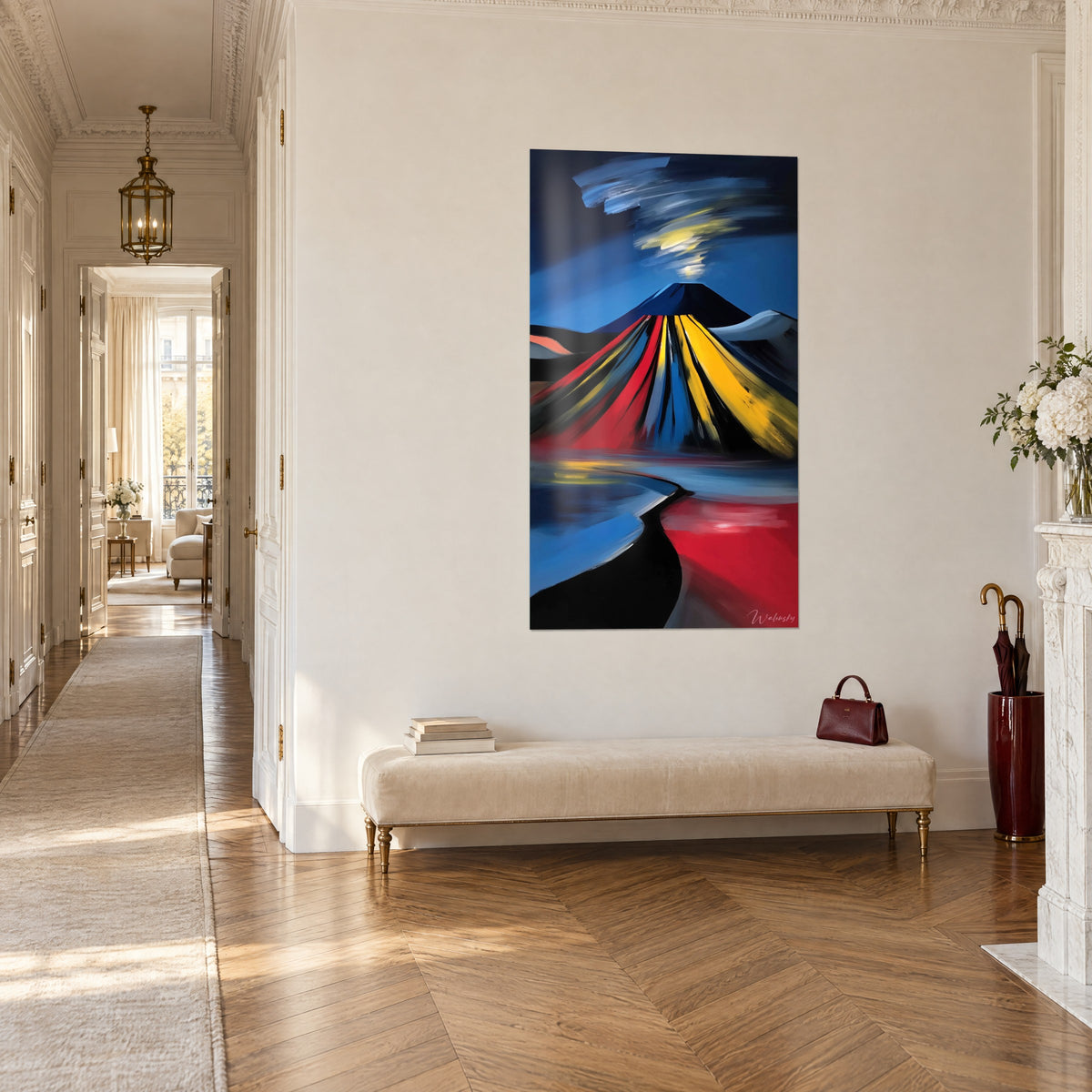 Wall art eruptive cone with carmine, saffron and royal blue streaks, hung at the end of a Haussmann parquet hallway