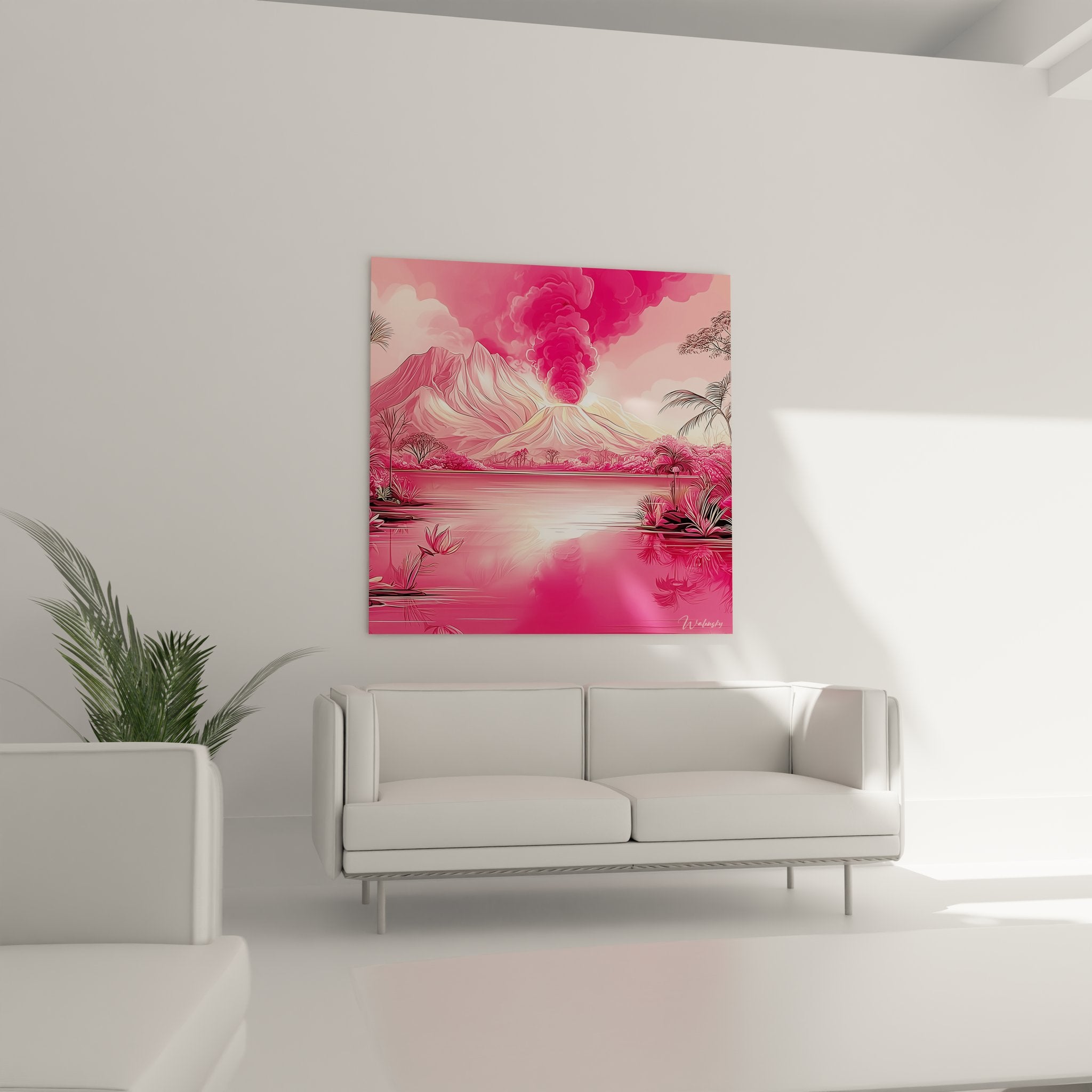 Détail tableau volcan montrant panache rose et reflets dans lac volcanique tropical