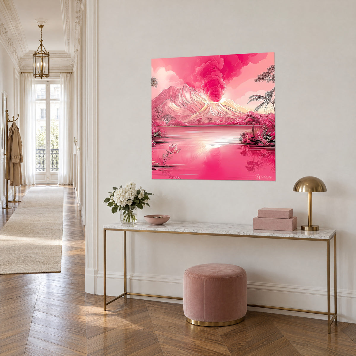 Wall art smoking crater with ivory and pink flanks, white reflection on the water, on a gilded console in three-quarter view