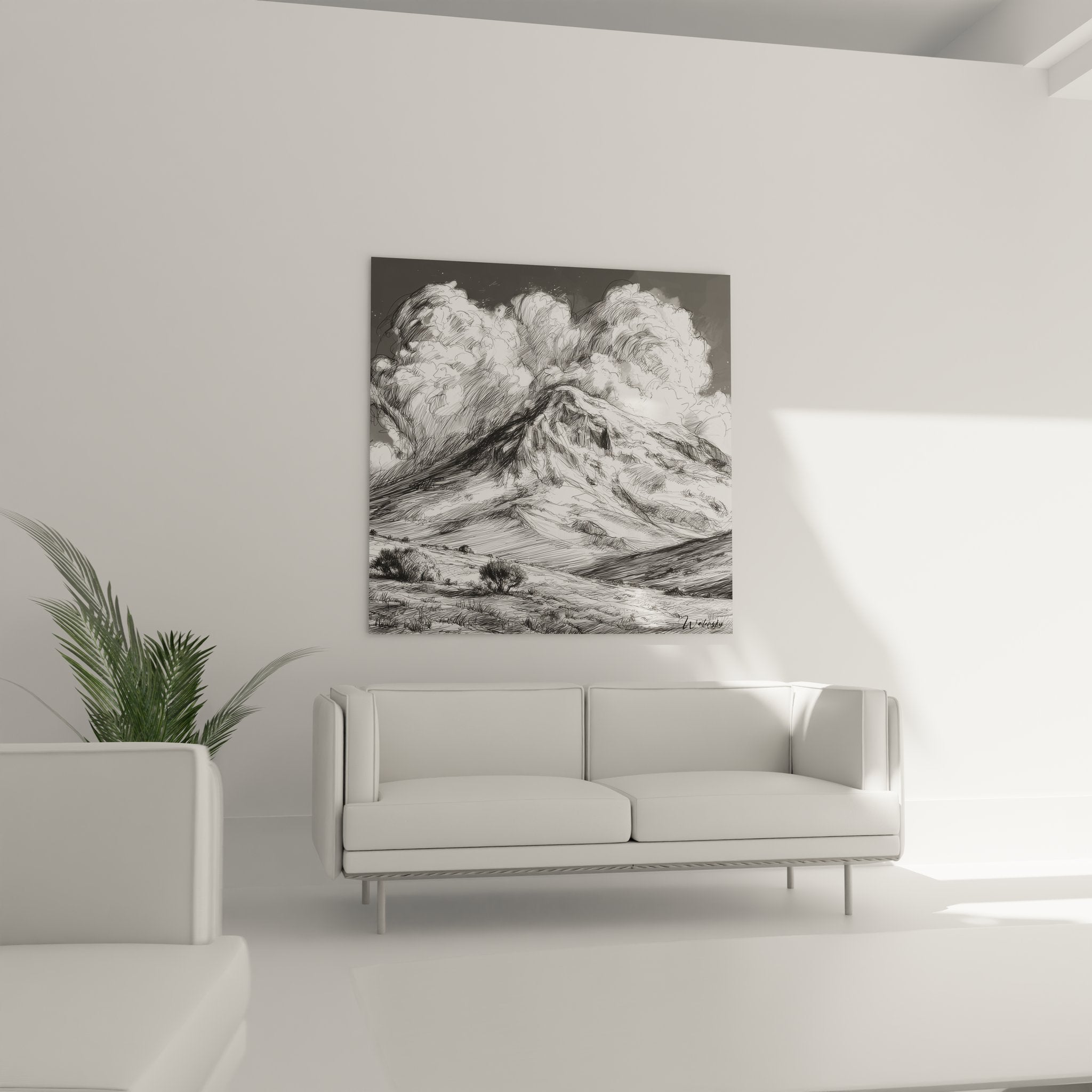 Détail rapproché tableau volcan montrant texture croquis et nuages de cendres volcaniques