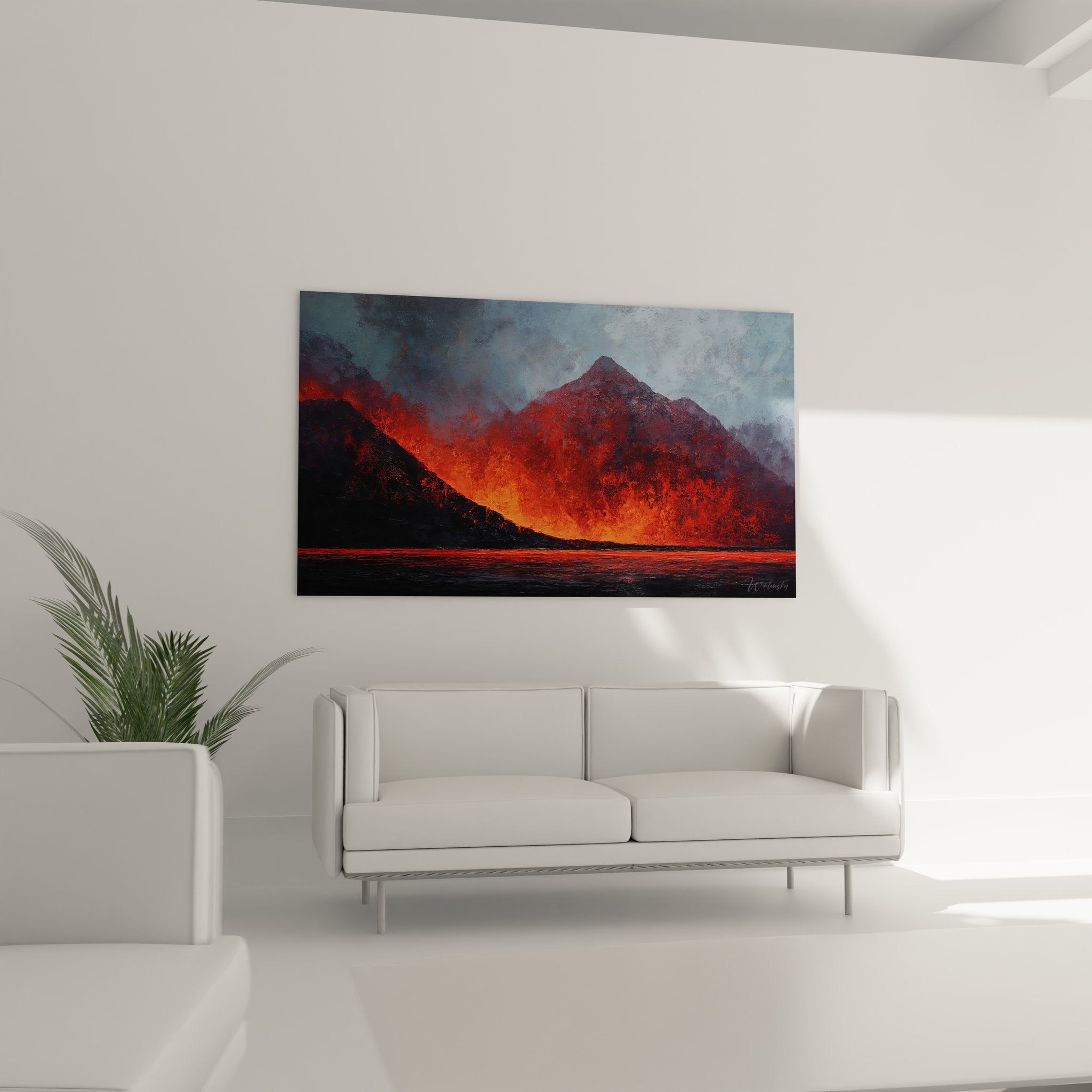 Gros plan détail tableau volcanique montrant texture lave rouge orange incandescente