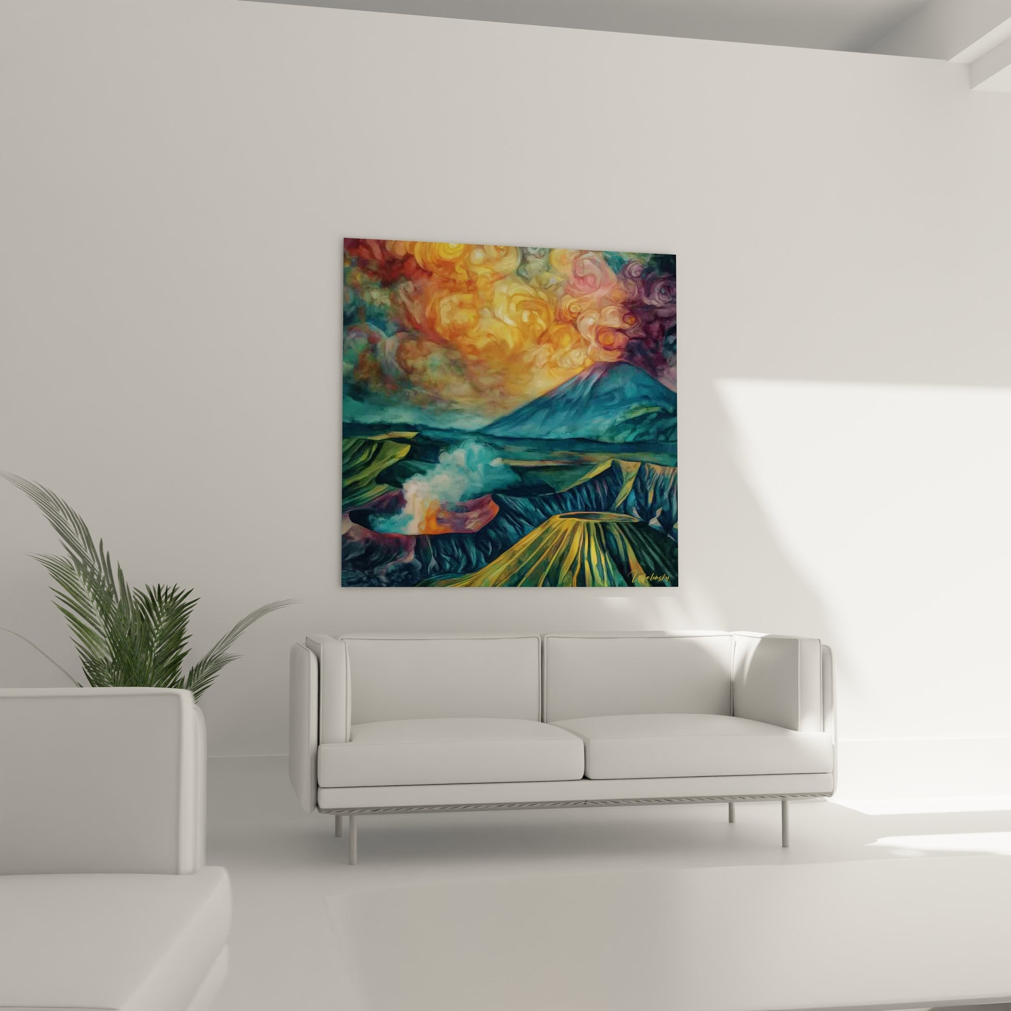 Détail gros plan tableau volcanique montrant textures colorées et nuages de fumée dorés