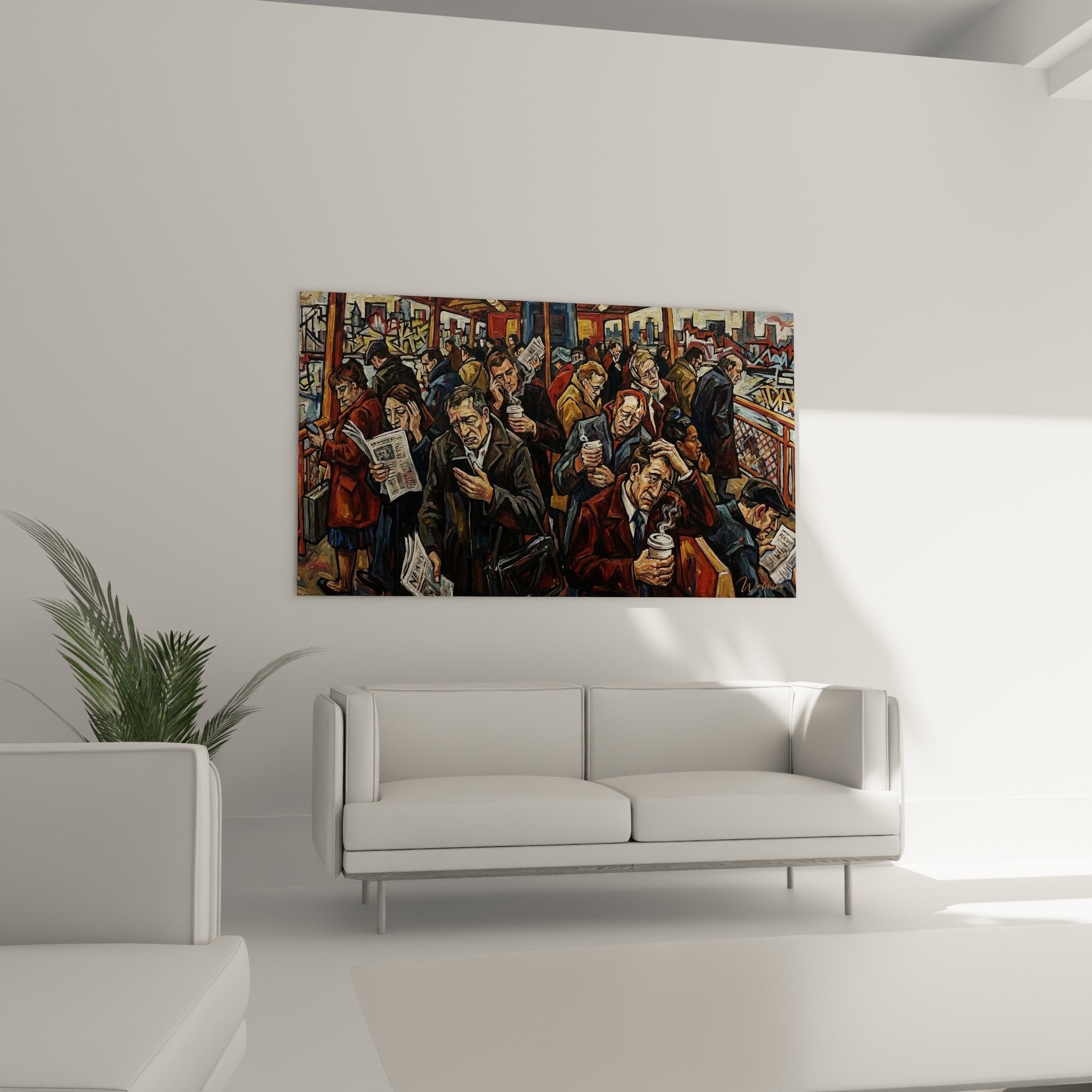 Detail tableau metro urbain visages voyageurs tons bruns ocres peinture realiste edition saten island