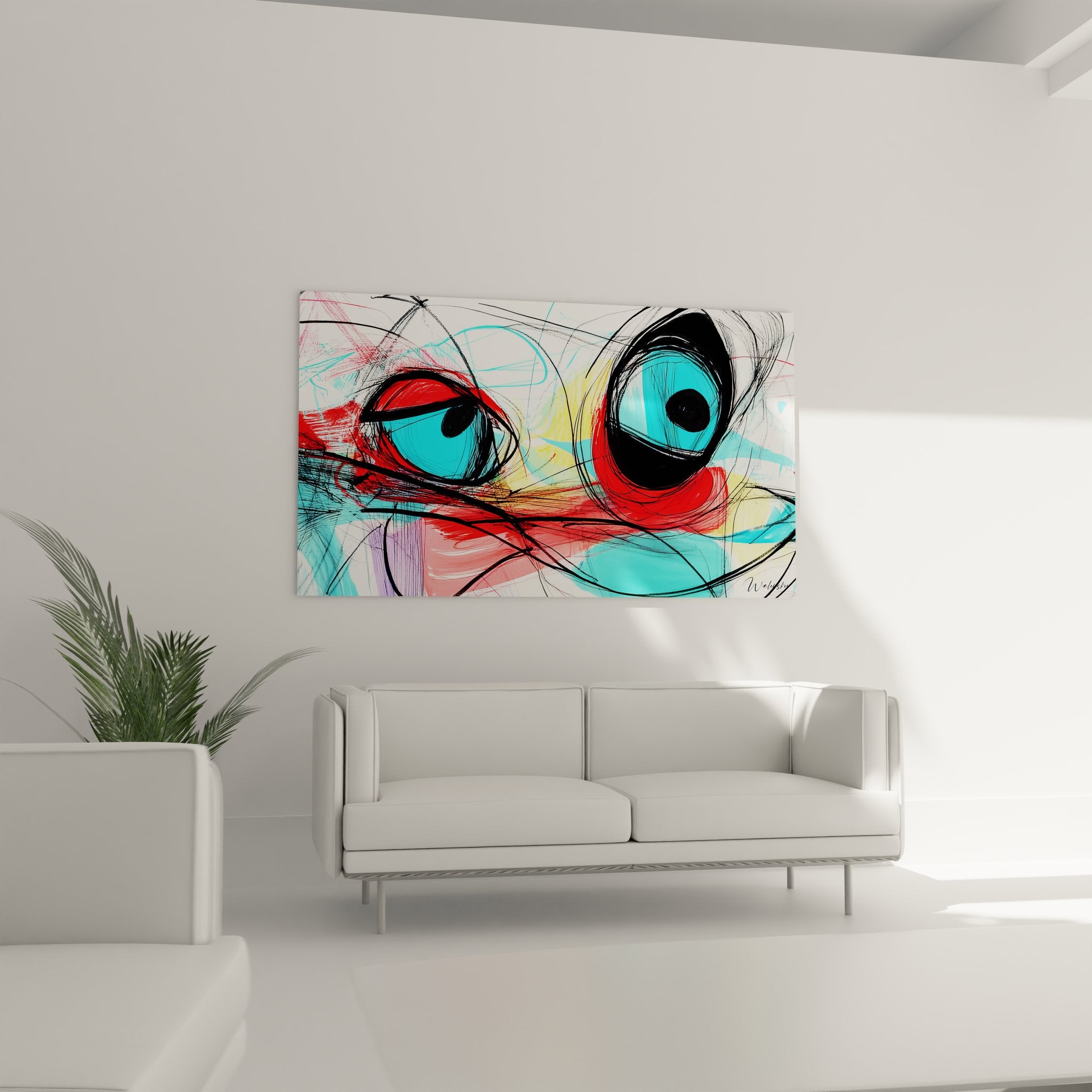 Gros plan détail tableau dessin yeux expressifs couleurs vibrantes lignes gestuelles