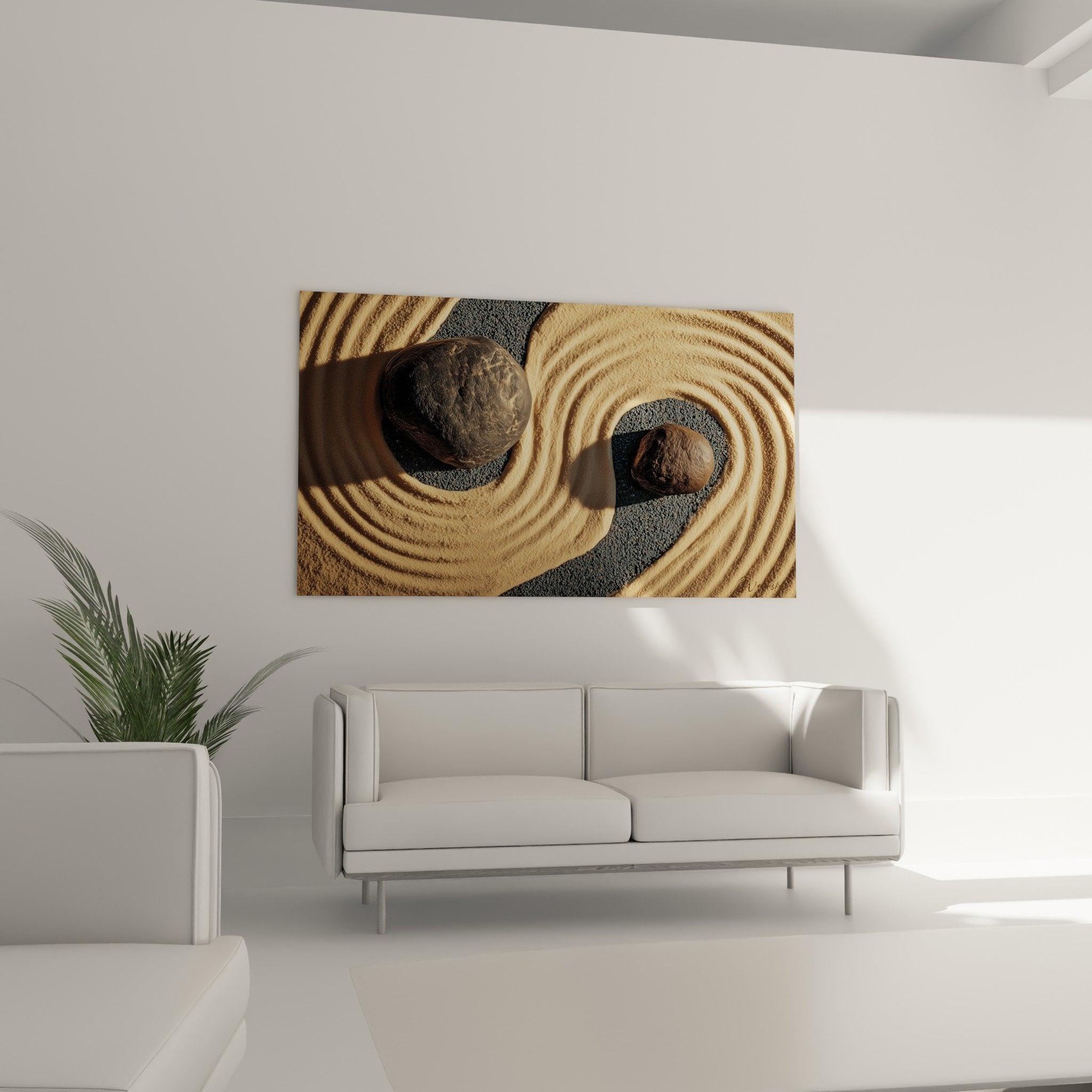 detail tableau zen texture sable fin motifs circulaires pierre volcanique gravier anthracite composition minerale