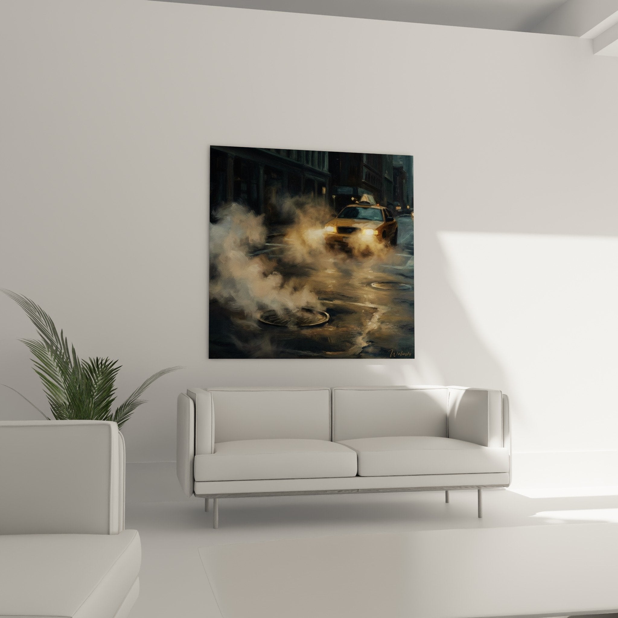 Détail gros plan tableau taxi jaune, effet brume et vapeur urbaine, technique picturale floue