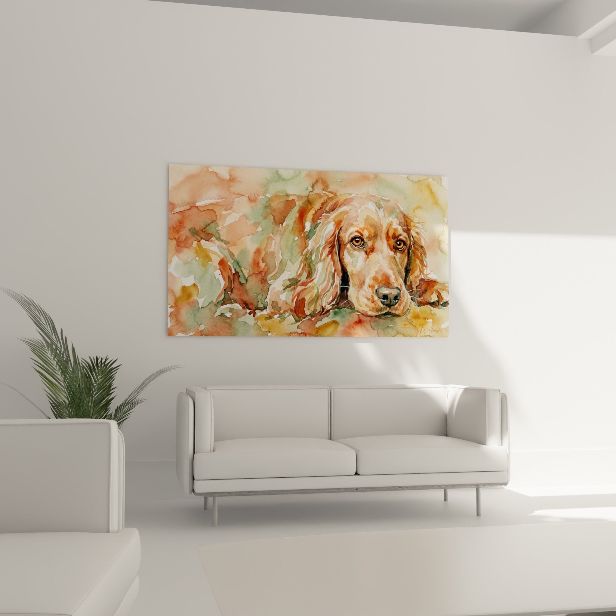 Detail aquarelle cocker anglais technique pinceau couleurs ocre vert portrait chien artistique