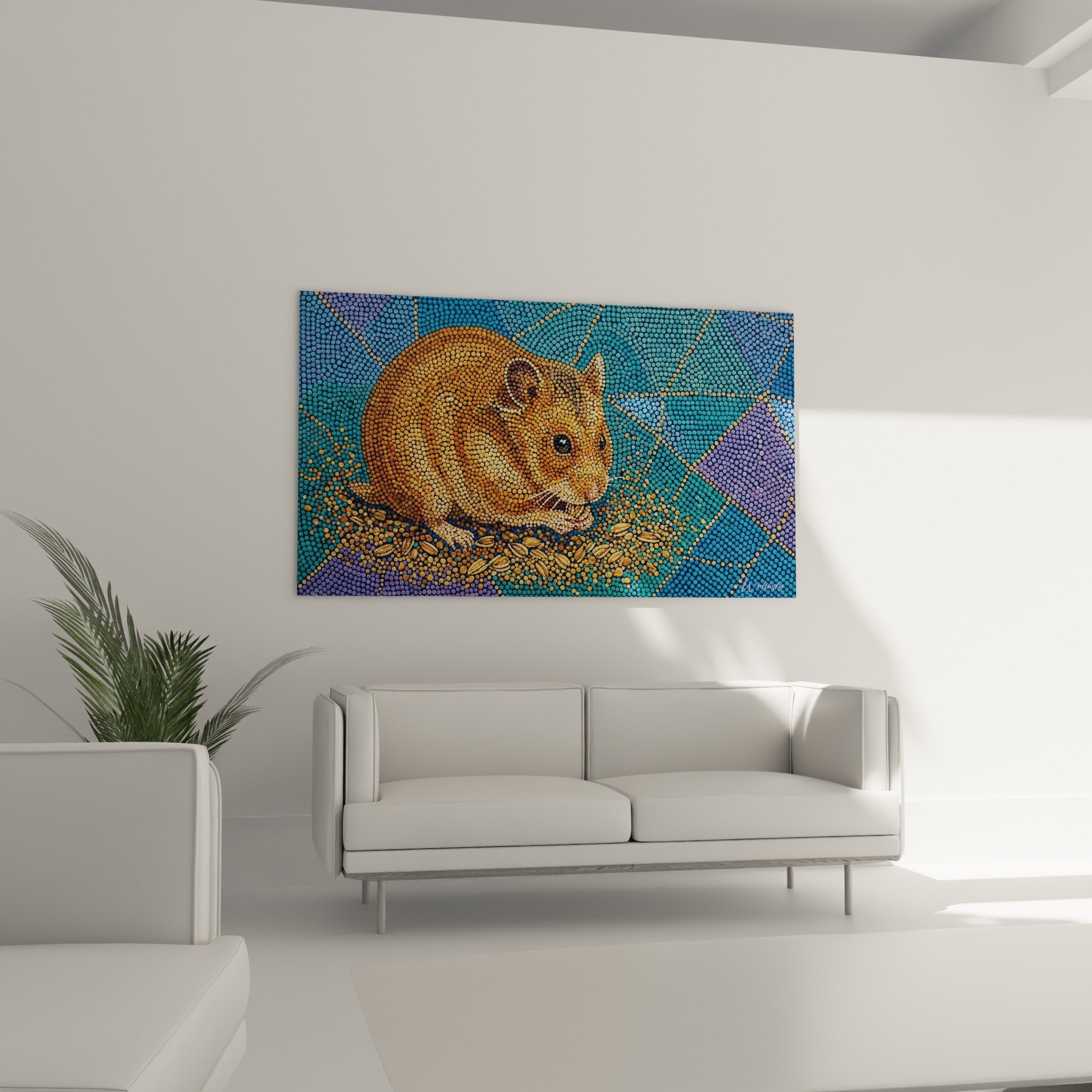Technische Detailaufnahme pointillistischer goldener Hamster farbige Punkte Mosaiiktextur zeitgenössische Tierkunst