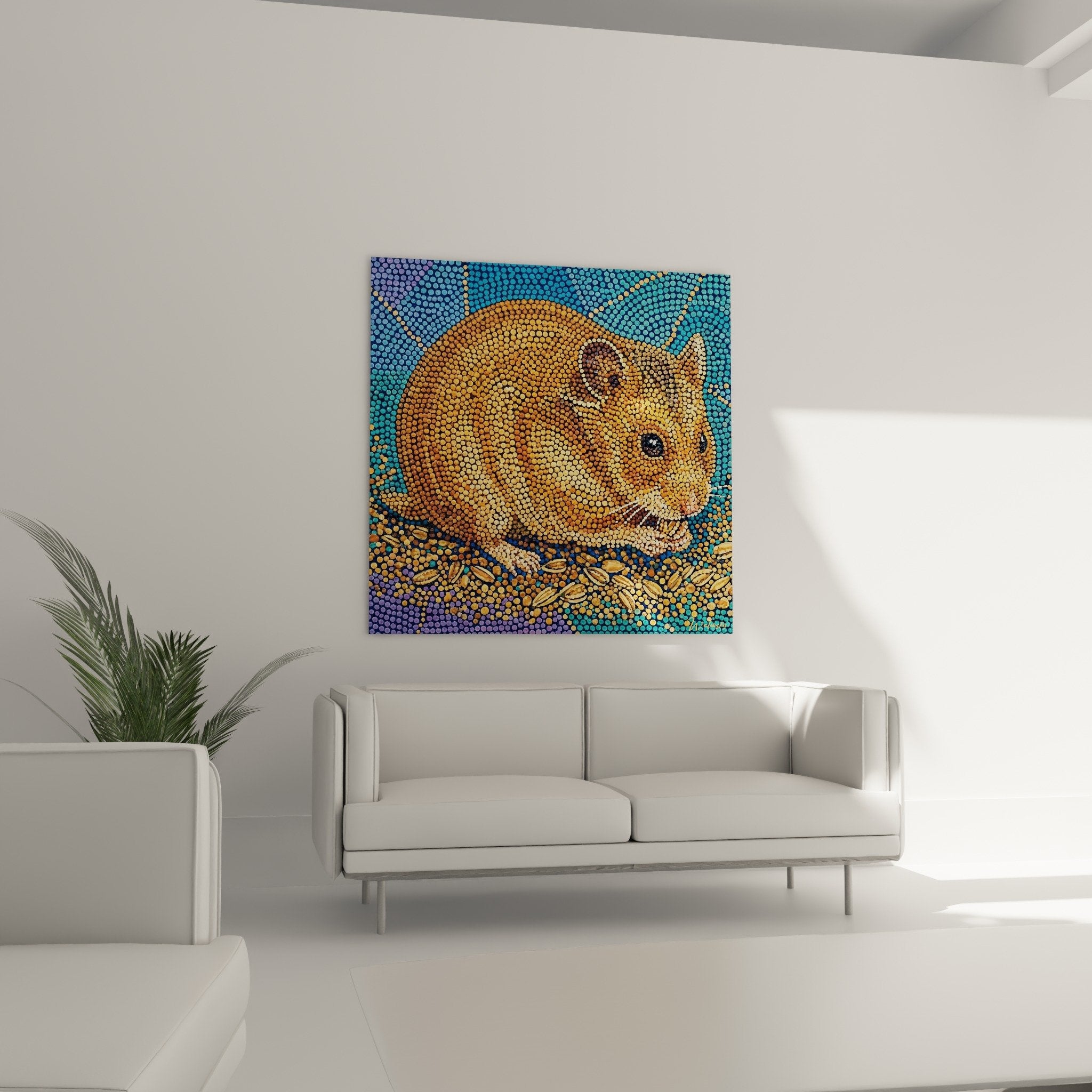 Détail technique pointilliste tableau hamster tons cuivrés orangés texture couleurs pures