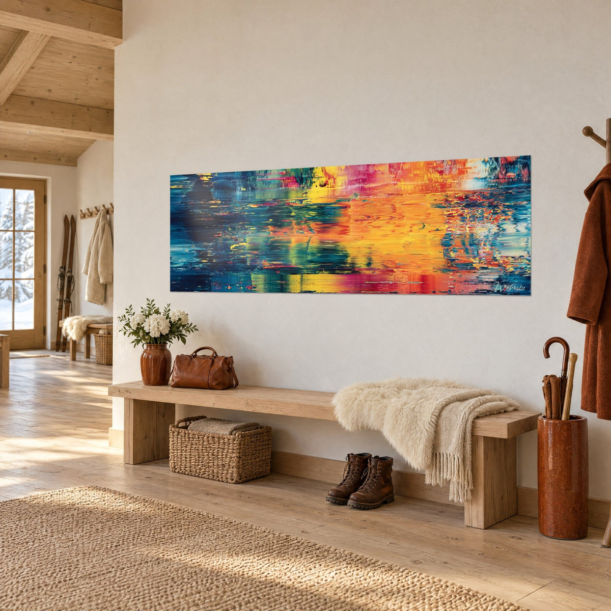 Tableau abstrait raclé jaune soleil et bleu nuit, bandes de rose vif, accroché près d'un banc en bois dans l'entrée d'un chalet