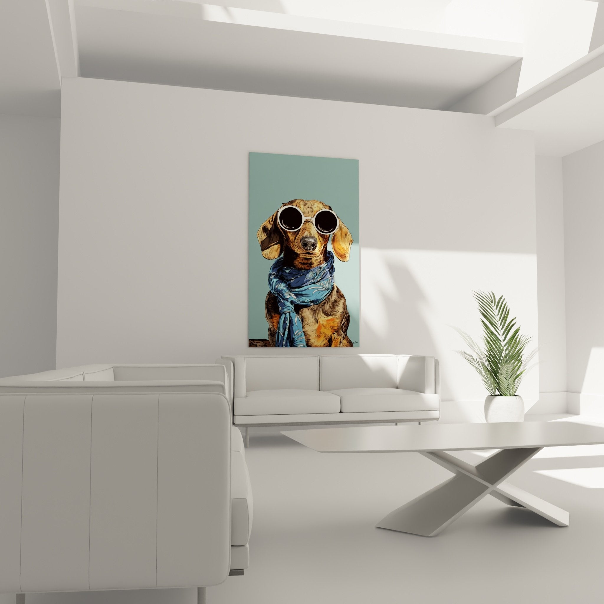 Détail teckel à lunettes rondes blanches et foulard bleu motifs, expression sereine pelage fauve nuancé