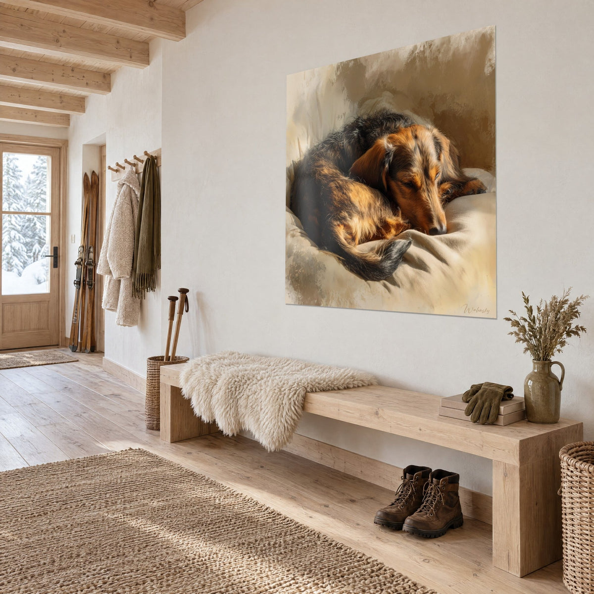 Schilderij slapende basset met vale en antracietkleurige vacht op een crèmekleurig laken, boven een lichte houten bank in een hal