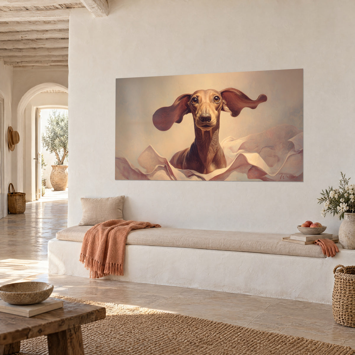 Cuadro perro salchicha de mirada marrón y dulce, orejas al viento y drapeado rosa empolvado, sobre una pared blanca de una casa mediterránea
