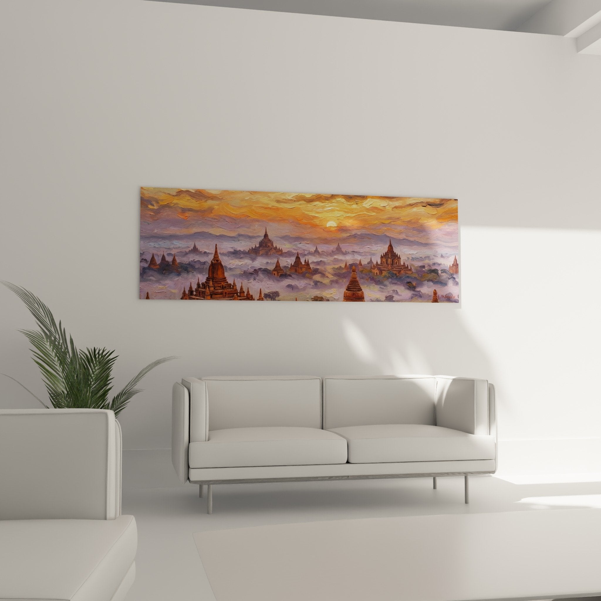 Detail couleurs tableau temple bouddhiste montrant technique peinture empates orange violet et brume