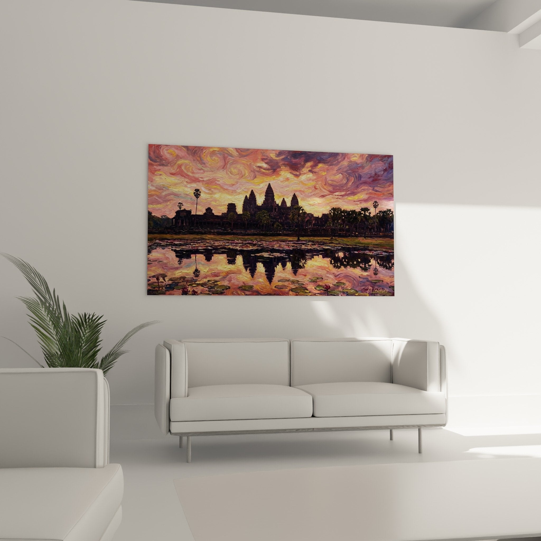 Détail peinture temple bouddhiste technique coups pinceau expressifs couleurs violettes dorées texture vivante