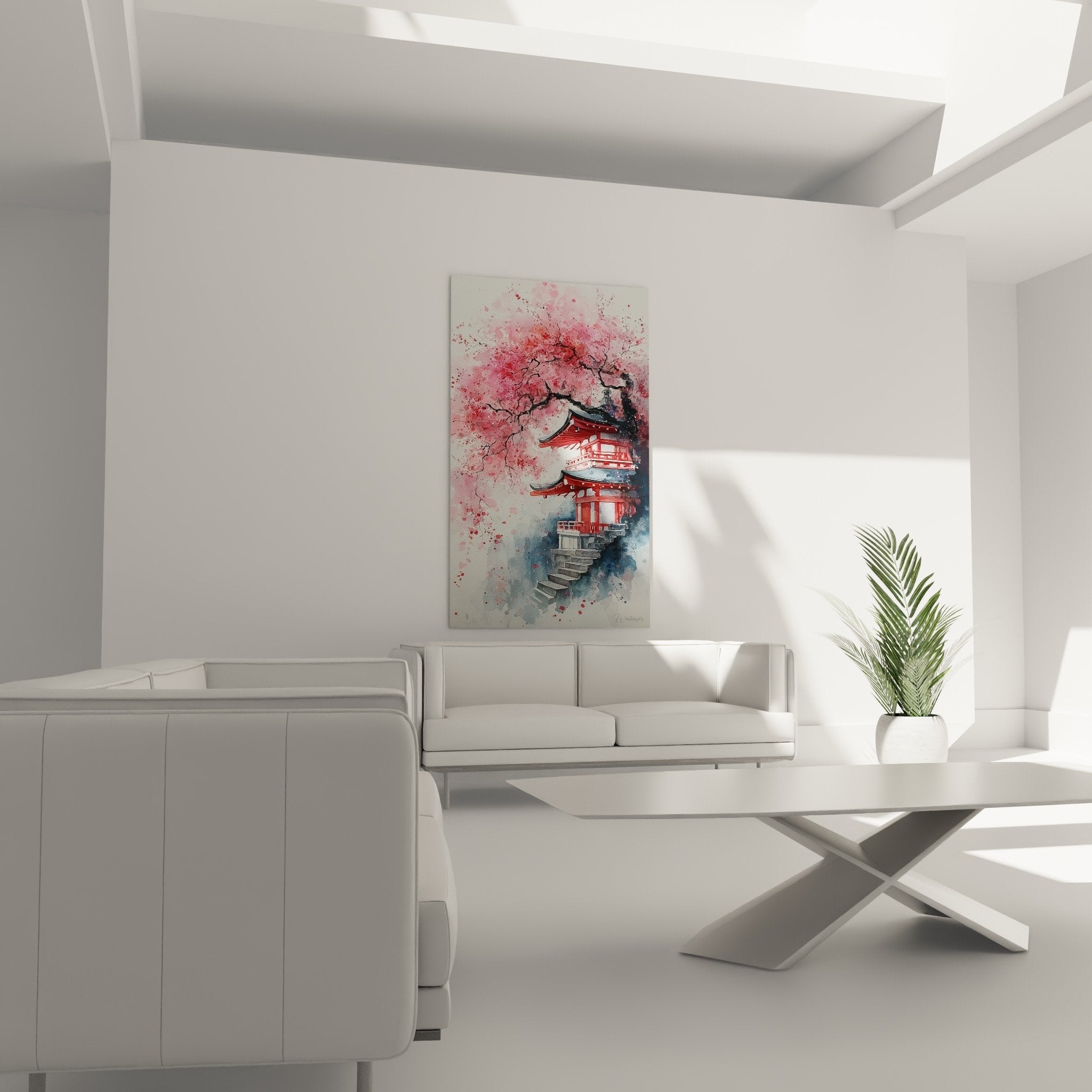 Tableau Pagode Rouge Cerisiers Roses - Art Japonais