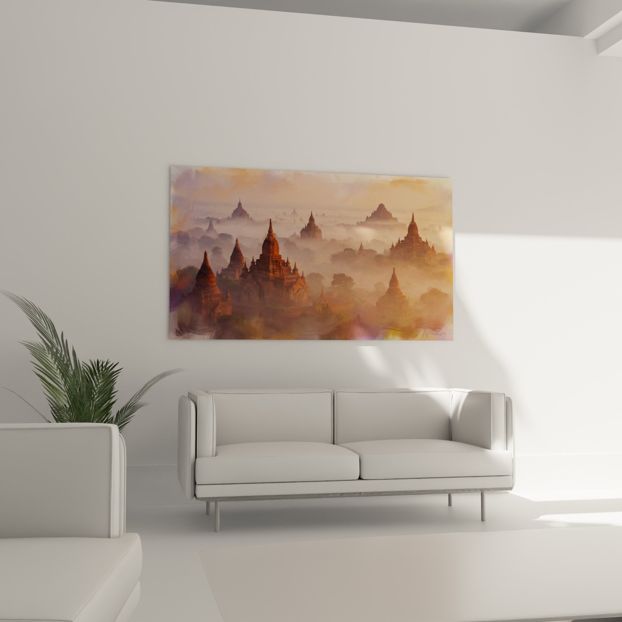 Close-up detail of golden Buddhist temples in morning mist spiritual zen art