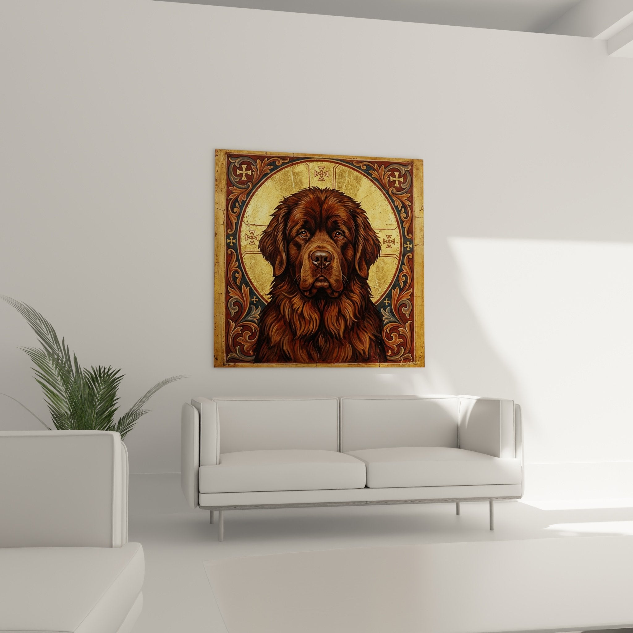 Détail portrait Terre Neuve pelage chocolat yeux ambrés style byzantin halo doré