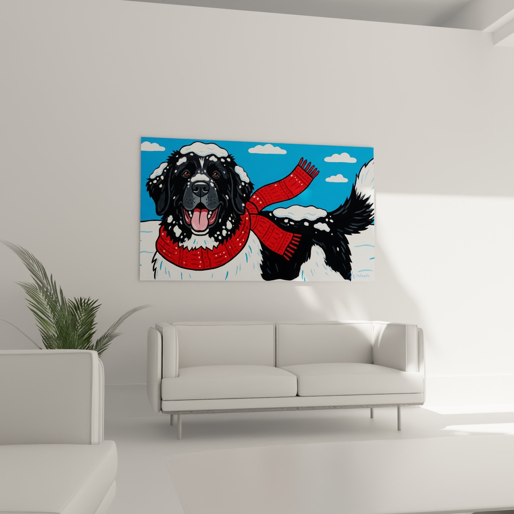 Détail tableau Terre Neuve souriant, pelage noir flocons neige, écharpe laine rouge, yeux bruns expressifs