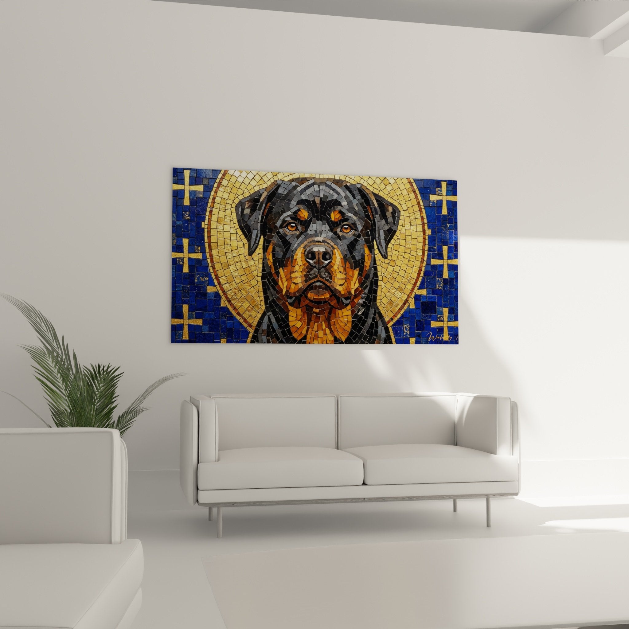 Détail des tesselles dorées et bleues formant l'auréole sacrée du portrait de rottweiler en mosaïque