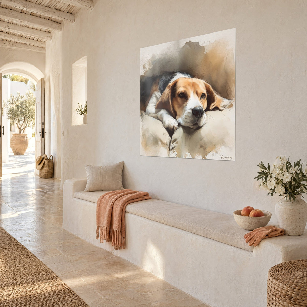 Wall art of a drowsy beagle portrait, white muzzle and black nose, ochre and sepia wash, bench seat in a Mediterranean home