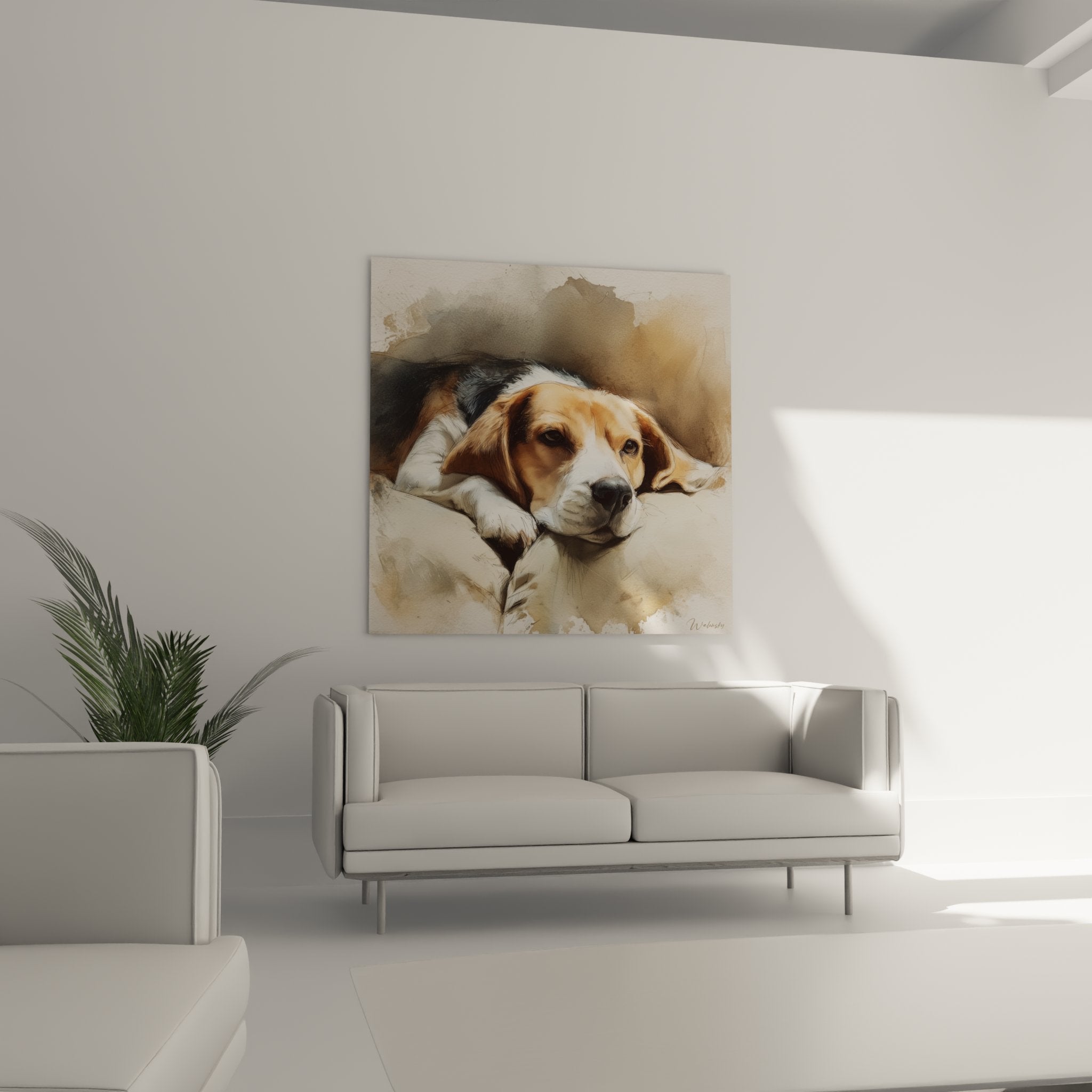 Detail tete beagle tricolore peinture aquarelle nuances fauve blanc brun