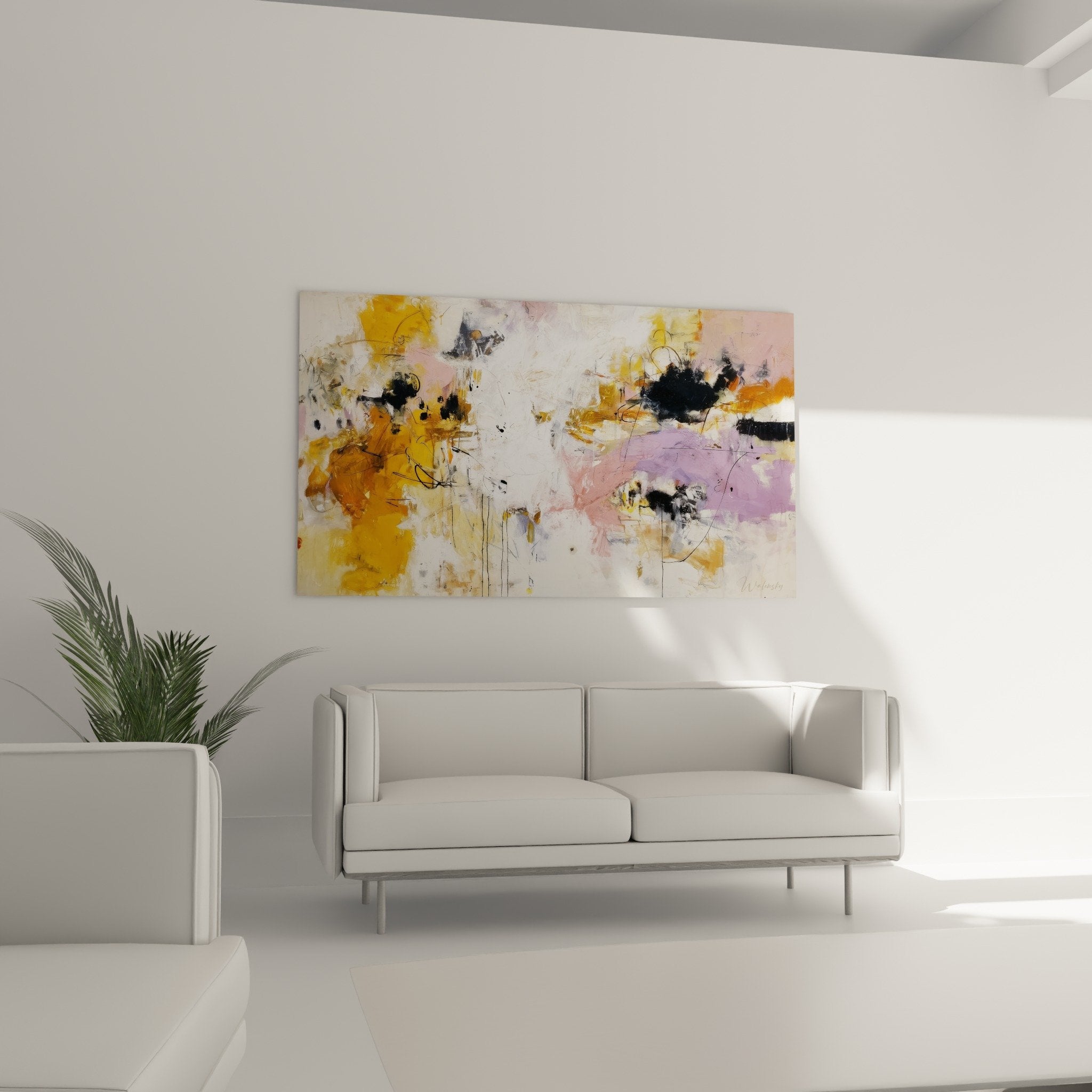 Detail texture tableau abstrait couleurs jaune dore rose violet traits noirs feng shui sud-est bois